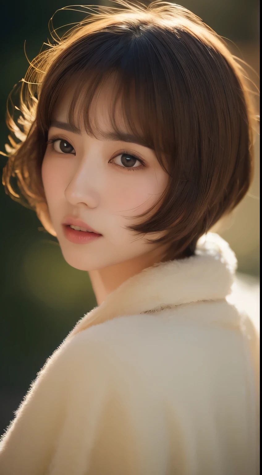 Short Hair Outdoor Fair Skin Disheveled Hair Open Mouth Japan Woman, Super Cute, Soft and Face, Brown Hair, 8K Resolution, Ultra Realistic, Super Definition, Soft Body Toned Ass Night, A Cup Small ((Highest Definition, 8k, Masterpiece: 1.3)), Super Definition Face, Super Definition Lips, Fine Eyes, Double Eyelids