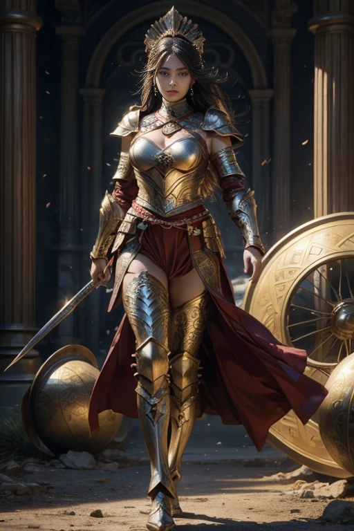 masterpiece,Ultra HD,Truly beautiful women,Oriental warrior vibe,beautiful eyes and expressions,Oriental armor attracts,The whole body is wrapped in armor full of decorations,All in bright colors,Tall and majestic like a general,Mighty armor, Pants and boots,It shows the majesty of the armor,Arrogant personality,plump and beautiful body,show mature temperament,There is a revealed calm in majesty,Background is a war scene,She stood there,Hall々Stand with,heroic,The movements are sharp and powerful。