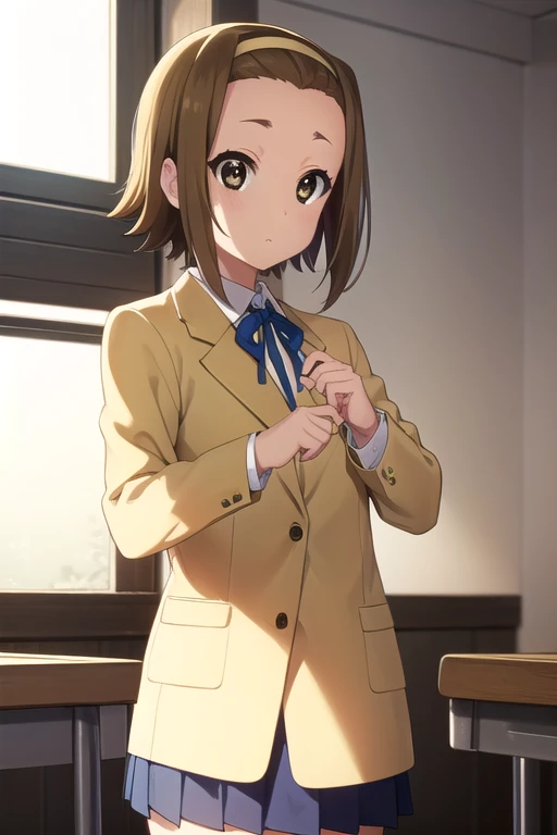 ritsutainaka, ritsu tainaka, short hair, brown hair, (brown eyes:1.5), hairband, (forehead:1.2),
BREAK sakuragaoka high , , uniform, blazer, shirt, white shirt, collared shirt, skirt, pleated skirt,
BREAK indoors, classroom,
BREAK looking at viewer, (cowboy shot:1.5),
BREAK (masterpiece:1.2), best quality, high resolution, unity 8k wallpaper, (illustration:0.8), (beautiful detailed eyes:1.6), extremely detailed face, perfect lighting, extremely detailed CG, (perfect hands, perfect anatomy),