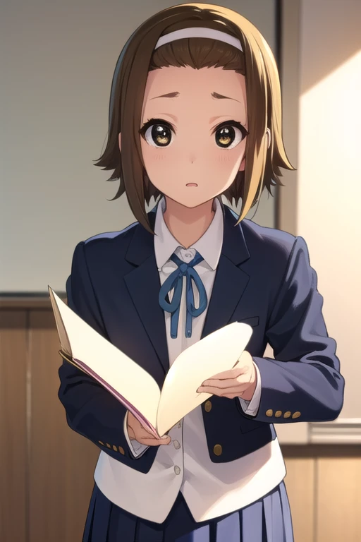 ritsutainaka, ritsu tainaka, short hair, brown hair, (brown eyes:1.5), hairband, (forehead:1.2),
BREAK sakuragaoka high , , uniform, blazer, shirt, white shirt, collared shirt, skirt, pleated skirt,
BREAK indoors, classroom,
BREAK looking at viewer, (cowboy shot:1.5),
BREAK (masterpiece:1.2), best quality, high resolution, unity 8k wallpaper, (illustration:0.8), (beautiful detailed eyes:1.6), extremely detailed face, perfect lighting, extremely detailed CG, (perfect hands, perfect anatomy),