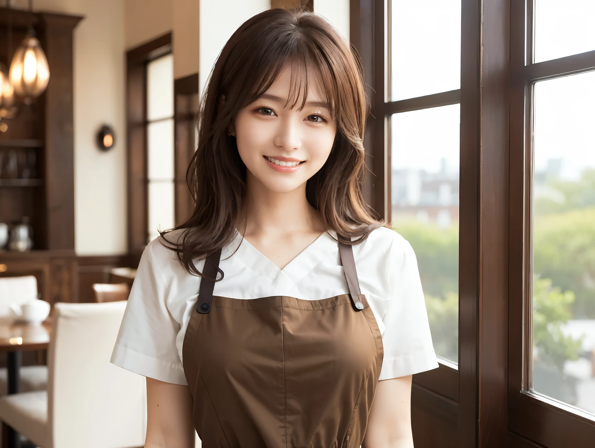 (highest quality、Tabletop、8k、Best image quality、Award-winning works)、Woman working in a café、(The perfect brown apron:1.2)、(Standing elegantly in a cafe:1.1)、(A classy shirt and apron:1.1)、(Big Breasts:1.1)、(Accentuate your body lines:1.1)、Beautiful woman portrait、The most elegant and cozy cafe、The most natural cafe, Perfectly organized、(The moodiest warm lighting:1.1)、(The most romantic atmosphere:1.1)、Stylish and elegant cafe、Strongly blurred background、Look at me and smile、(Accurate anatomy:1.2)、Ultra high resolution perfect beautiful teeth、Ultra-high definition beauty face、Ultra HD Hair、Ultra HD The Shining Eyes、The Shining, Super high quality beautiful skin、Super high quality glossy lip