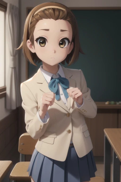 ritsutainaka, ritsu tainaka, short hair, brown hair, (brown eyes:1.5), hairband, (forehead:1.2),
BREAK sakuragaoka high , , uniform, blazer, shirt, white shirt, collared shirt, skirt, pleated skirt,
BREAK indoors, classroom,
BREAK looking at viewer, (cowboy shot:1.5),
BREAK (masterpiece:1.2), best quality, high resolution, unity 8k wallpaper, (illustration:0.8), (beautiful detailed eyes:1.6), extremely detailed face, perfect lighting, extremely detailed CG, (perfect hands, perfect anatomy),