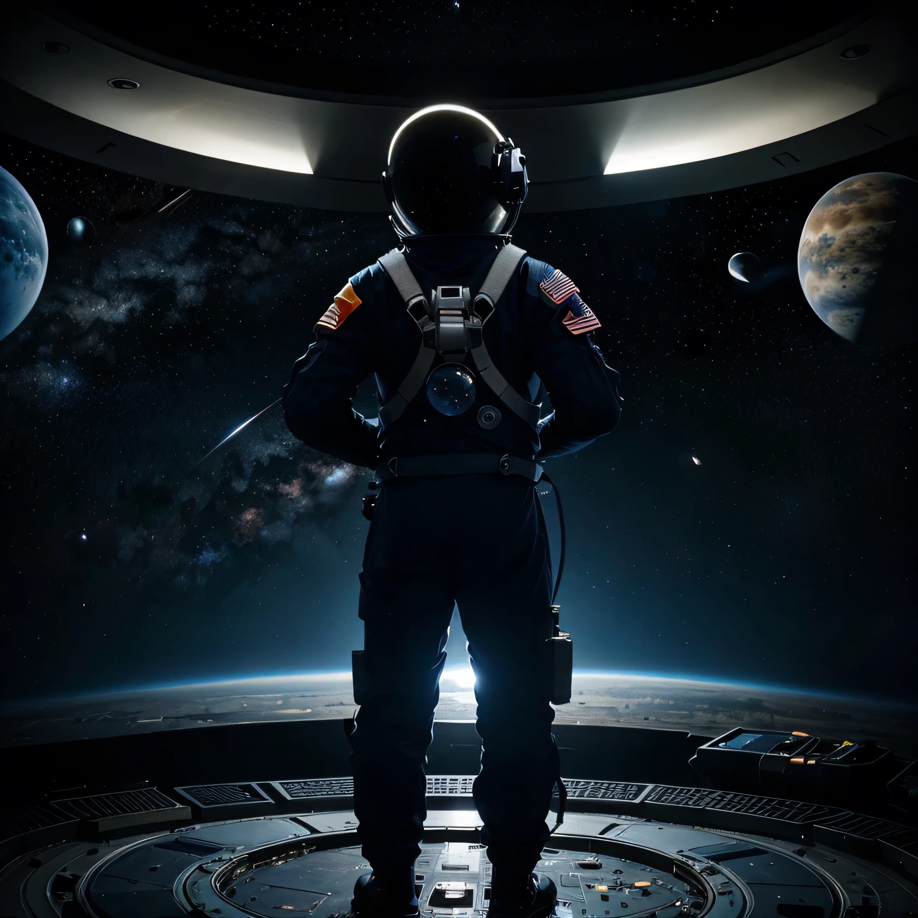 Person standing in spacesuit and in front of him Exoplanets