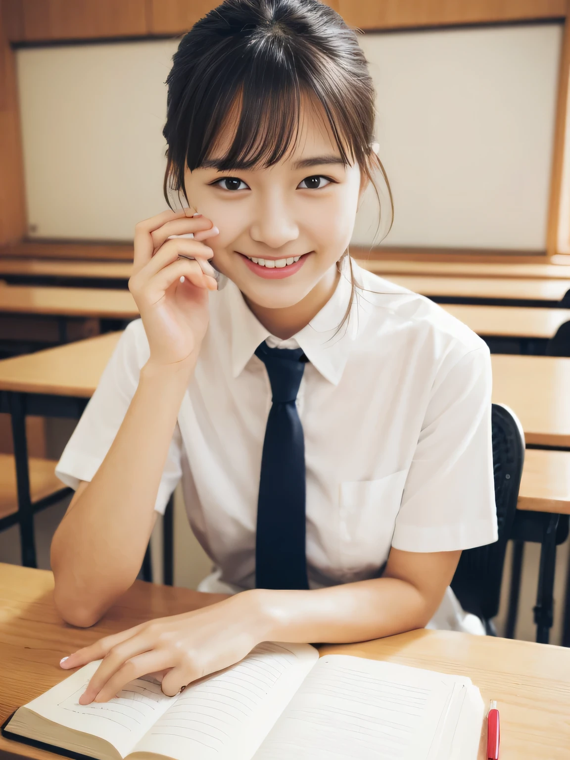 (masterpiece、high resolution、Sharp focus)、Wearing a short-sleeved white shirt、tie、I have a pen、1 notebook、1 book、cute:1.5、Japanese women、17 years old、Study at a desk、School classroom、Laughter、(Perfect Anatomy、Precise and beautiful hands and feet)、autumn's、model、