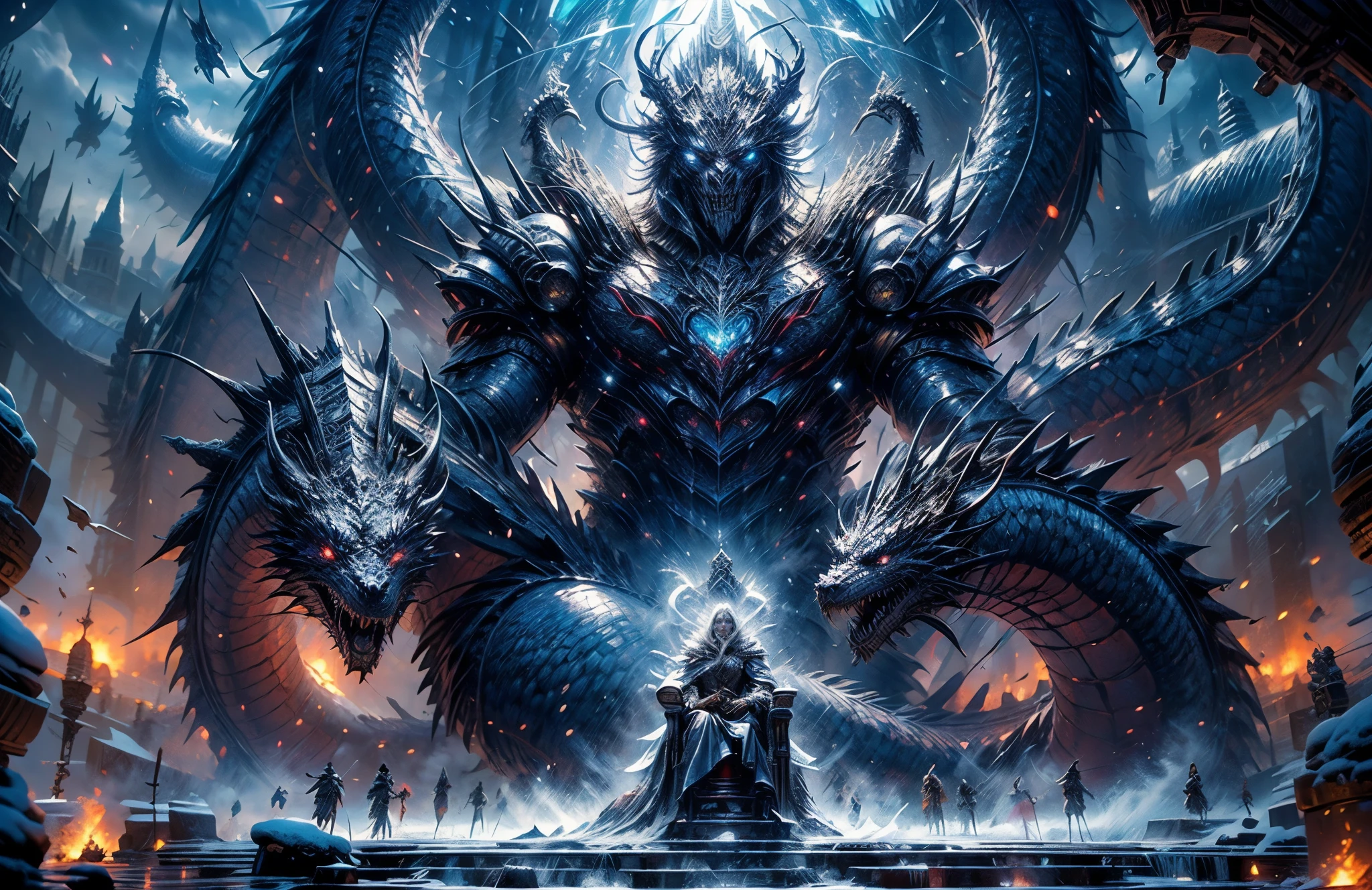 (best quality,4k,high resolution,masterpiece:1.2),wide shot, Ice throne,knight in the ancient armour sitting on the ice throne,armour with runes on it,lich king,blue mist floating in the air,eyes shining blue,the huge glorious bone dragon on the background,skeleton dragon,behind the throne,winter,arctic,polar,fantasy,World of Warcraft