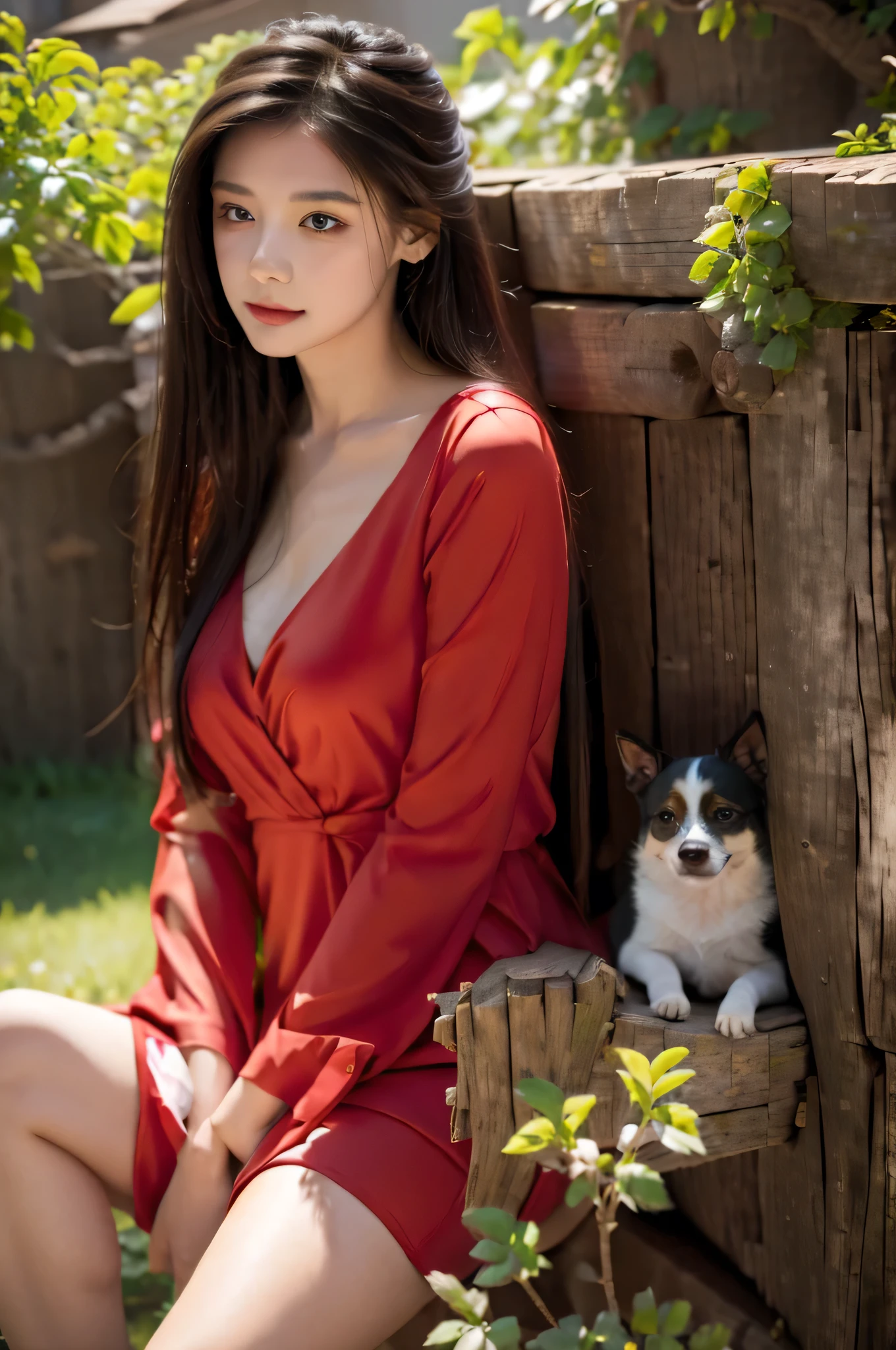 beautiful girl red dress with dog