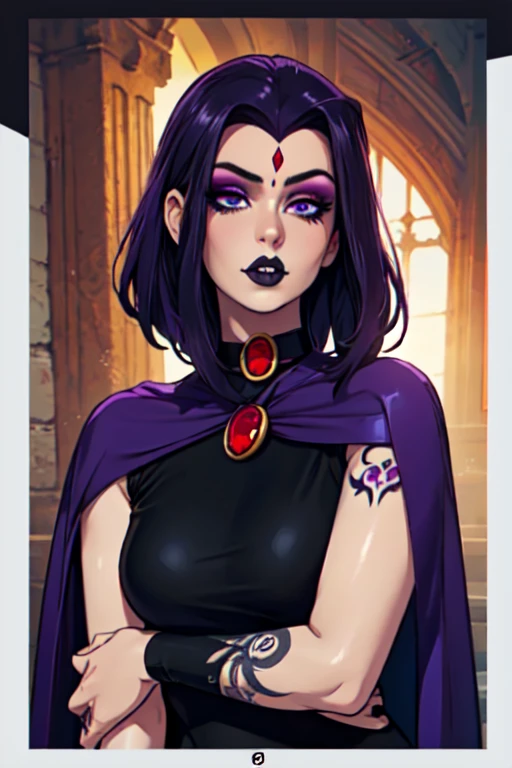 (Best Quality, 8k, Masterpiece, UHD), (Photo of Attractive Caucasian Gothic model Woman with tattoos), solo 1Girl as Raven, ((gemstone on forehead)), heavy makeup ,  cape, choker,very pale skin,Ultra Detailed Face, Detailed Lips, Fine Eyes, black lipstick, Fine Eyes