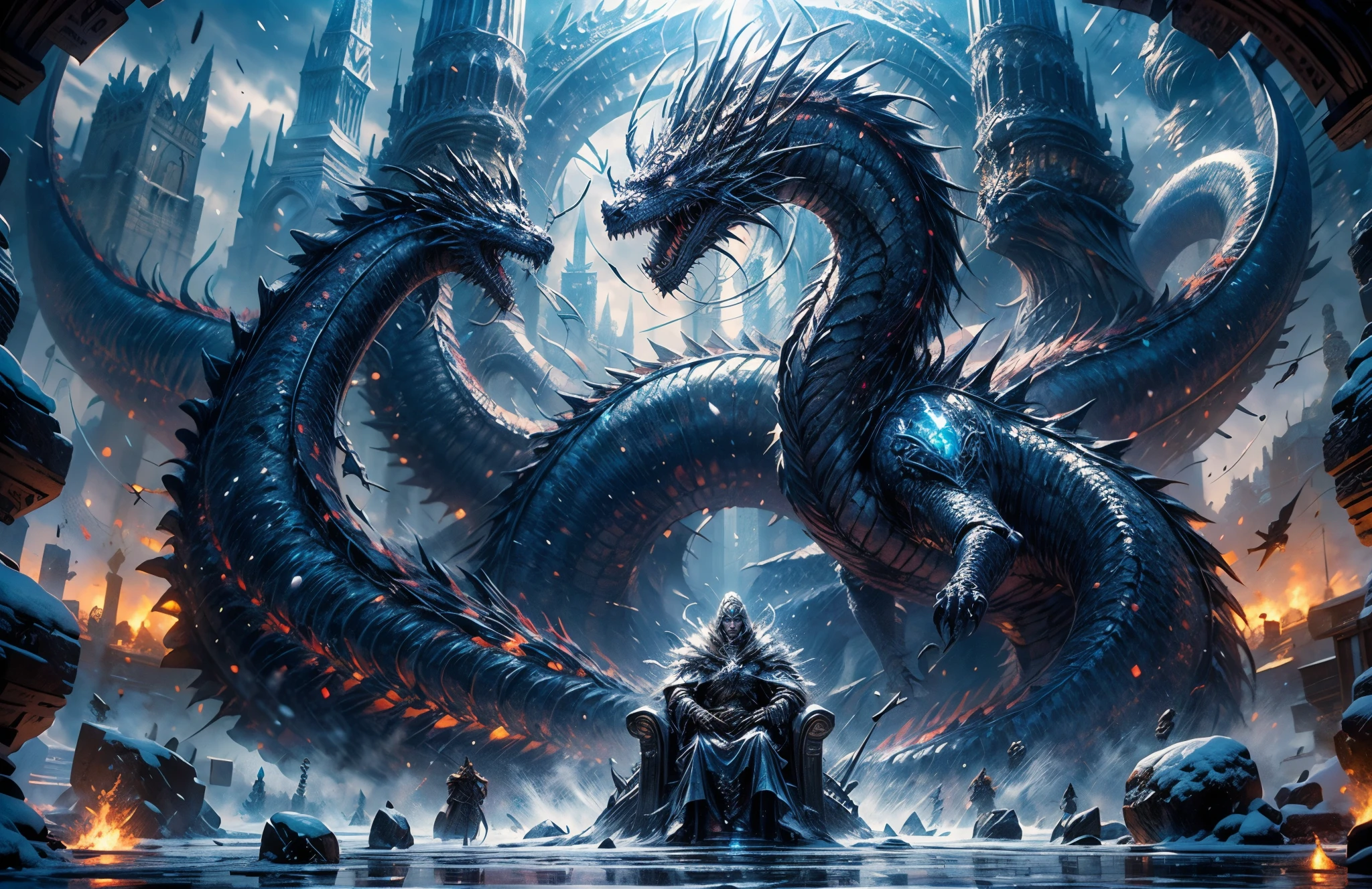(best quality,4k,high resolution,masterpiece:1.2),wide shot, Ice throne,knight in the ancient armour sitting on the ice throne,armour with runes on it,lich king,blue mist floating in the air,eyes shining blue,the huge glorious bone dragon on the background,skeleton dragon,behind the throne,winter,arctic,polar,fantasy,World of Warcraft