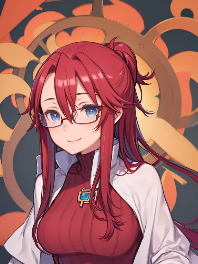 masterpiece、highest quality、High resolution、Very detailed、Close-up、Medium wide shot、Mature Woman、(aty, long hair, blue eyes, red hair、Hair between the eyes)、 Red turtleneck sweater、Glasses、Big Breasts、Smiling、Clothes with body lines、Hands behind head、Twisting the body、
