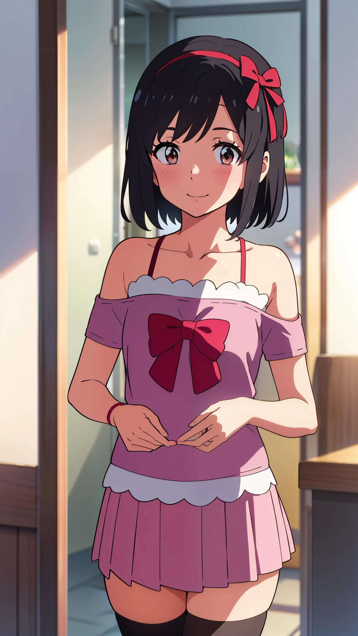 shinkai makoto, kimi no na wa., 1girl, bangs, black hair, blush, brown eyes, idol, idol clothes, collarbone, red headband, red ribbon, bow hair ornaments, black bikini, pink skirt, short skirt, Off-the-shoulders, black thighhighs, short hair, smile, cute, solo, room, love hotel, upper body