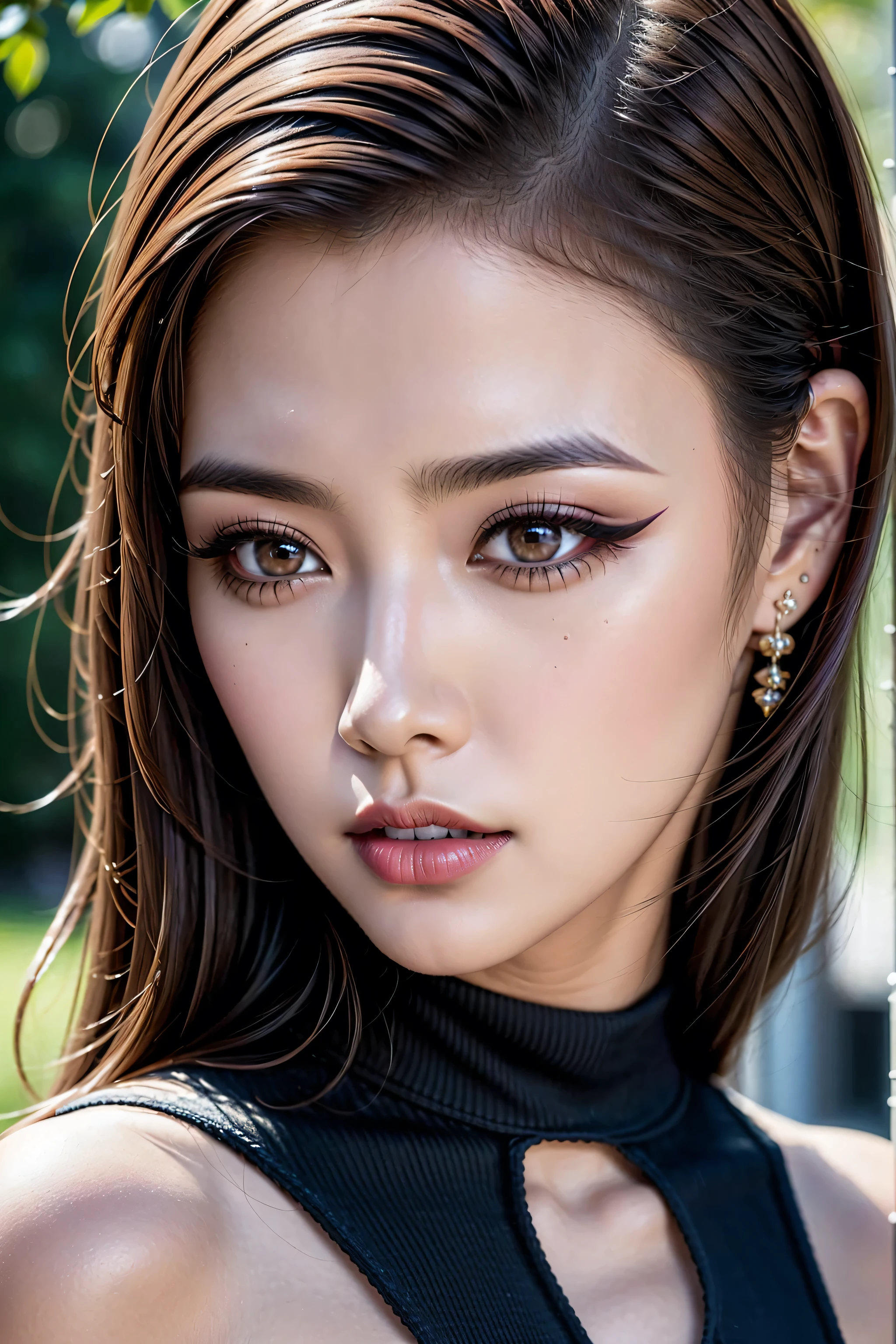 (1girl:1.35, 20-year-old), hyperRealism, highest resolution, (the most absurd quality),((high quality realistic texture skin)),((high quality realistic texture hair)),BREAK,(brown hair (slicked to the side) intricate detailed:1.4), (outside,an orchard of blooming cherry trees:1.3),((perfect proportions)),((anatomically correct)),((firm and full big breasts:1.3)),(the most absurd quality perfect eyes), (super detail beautiful slim and sharp-face), ((light pale complexion)), ((Insanely detail clear and sharp perfect round realistic brown_eyes:1.3)), finely detailed pupils, detailed lips:1.3, (long_blue_eyeliner:1.25), (pink_lipstick:1.4), (perfect dark_eyeshadows:1.4), (Detailed nose:1.2), ((Upper body shot)), ((wearing a tight black knitted mini dress:1.35)),(small head:1.3), close up of her face, exquisite balance of shadows,perfect composition, ((look at the viewer)), Hasselblad, 85mm f/4.2