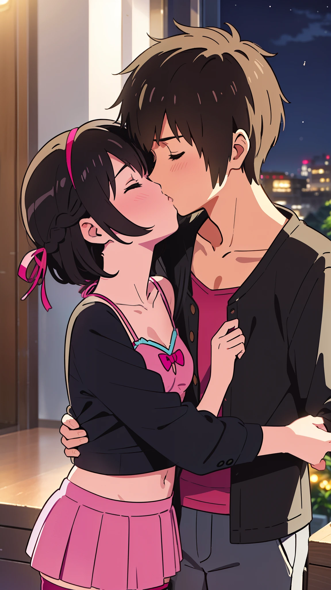 shinkai makoto, kimi no na wa., 1girl, 1boy, bangs, black hair, short hair, blush, (boy wear casual clothes, pants), ((girl wear idol clothes, collarbone, red headband, red ribbon, bow hair ornaments, pink dress, pink bikini, pink skirt, short skirt, Off-the-shoulders, black thighhighs)), cute, love, couple, adorable, dating, (((kiss, deep kiss))), closed eyes, passionate hug, upper body portrait, night background