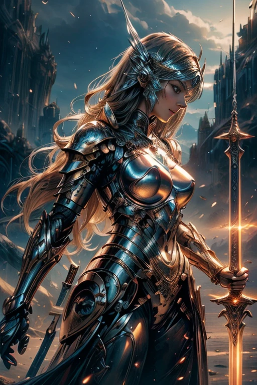Close-up of a woman wearing armour and holding a sword, Karol Bak Oud, 2. 5D CGI Anime Fantasy Artwork, Girl in Armor, Epic fantasy art style HD, Detailed fantasy art, Fantasy Woman, Perfect anime cyborg woman, Beautiful Cyborg Shrine Maiden, 4k fantasy art, HD fantasy art, High quality fantasy art, Anime Goddess