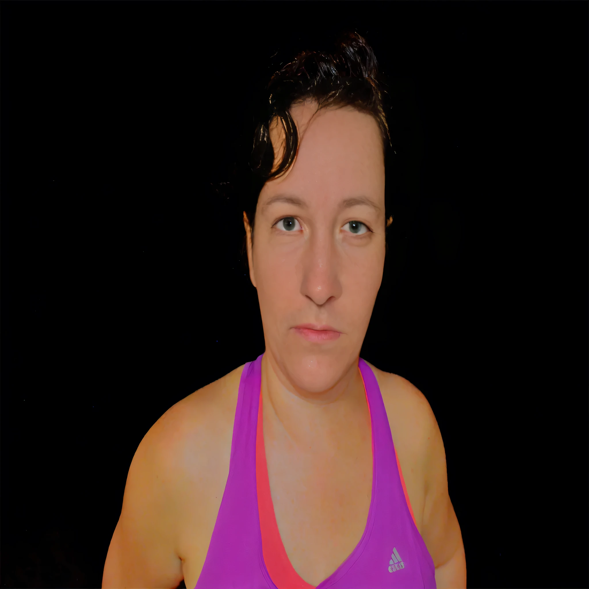 Light brunette woman in a purple tank top and blue shorts in front of a black curtain, arms to the side, arms behind her back, left arm and back lowered, insect forearms bent, side pose, shoulders hunched, muscles swollen, shoulder exposed by back, photo taken from behind, toned arms, 3/4 side view, flexing big muscles, making sassy pose, 40 year old woman, full body sarcastic pose, photo shoot, lewd pose. Shapely woman in purple top and blue shorts posing for a photo, arms to the side, half-length photo, tight photo, half-length photo, half-length photo, violet tight top, half-body close-up, portrait photo of full body, full body and headshot, full body photography, centered full body photo, 40 year old woman, 4k, portrait photo, light violet tank top, profile photo, sweaty face, 3/4 solo portrait, photo suitable, black background. She is wearing a vibrant pink-purple sports tank top and mixed shorts (((blue-gray-green-black))), suggesting an active lifestyle or athletic attire for working out. Sharp photo, high quality, high resolution (ultra quality masterpiece), Ultra HD, high contrast, 16K. Masterpiece: 1.3, high resolution, (photographically realistic), NUDE, NUDITY, NFSW.