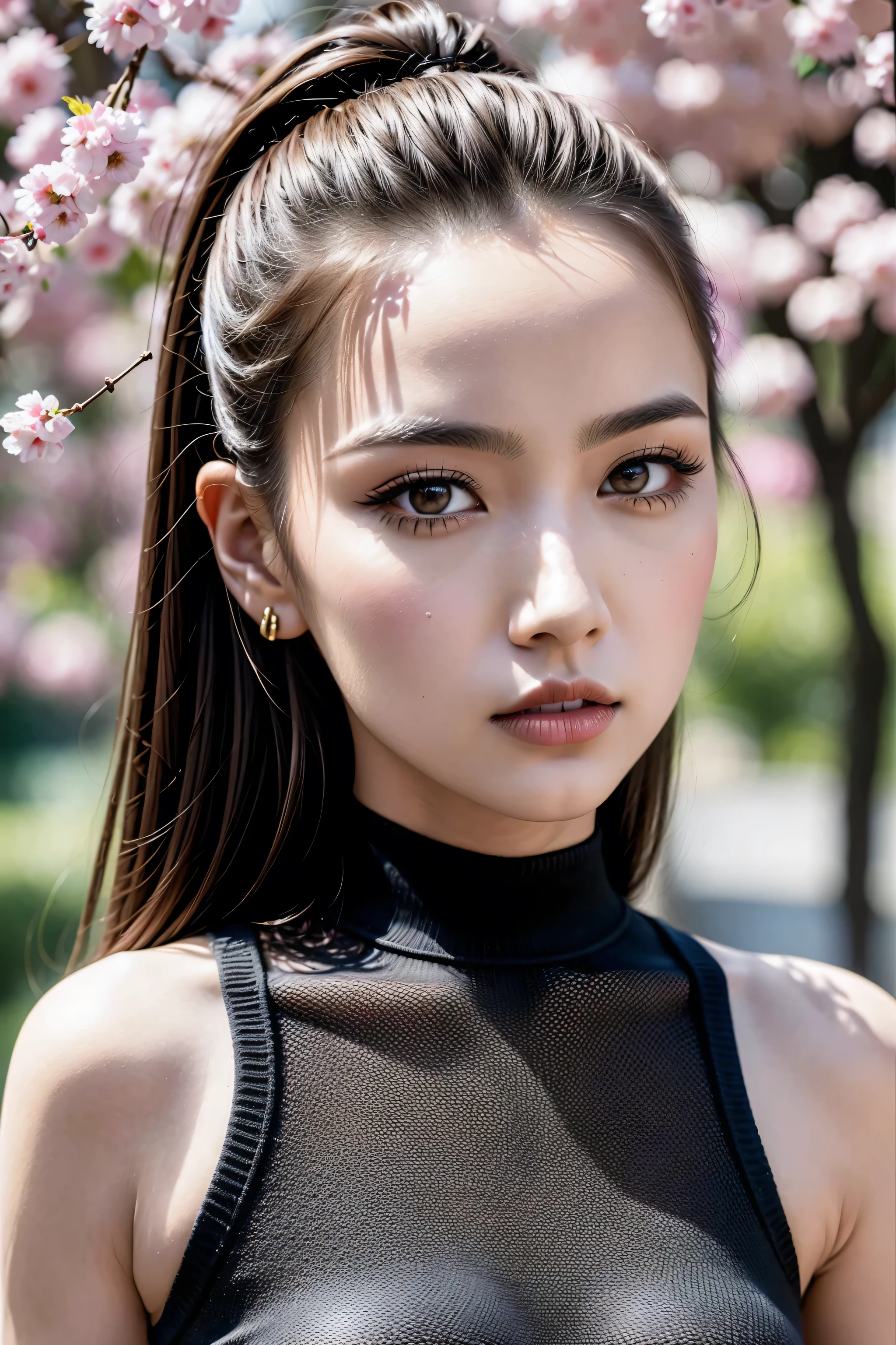 (Insanely detailed sharp-photo:1.1),(1girl:1.35, 20-year-old), Realism, highest resolution, (the most absurd quality),((highest quality realistic texture skin)),((highest quality realistic texture hair)),BREAK,(brown hair (slicked to the side) Insanely detailed:1.43)), (outside,an orchard of blooming cherry trees:1.3),((perfect proportions)),((anatomically correct)),((firm and full big breasts:1.3)),(the most absurd quality perfect eyes), (super detail beautiful slim and sharp-face), (super detail real brown_eyes), ((light pale complexion)), ((Insanely detailed clear and sharp perfect round eyes)), perfect round eyes, finely detailed pupils, detailed lips:1.3, (long_blue_eyeliner:1.12), (pink_lipstick:1.3), (perfect dark_eyeshadows:1.35), (Detailed nose:1.2), ((Upper body shot)), ((wearing a tight black knitted mini dress:1.35)),((small head:1.4)), (close up of her face), exquisite balance of shadows,perfect composition,((look at the viewer)), Hasselblad, 85mm f/4.2