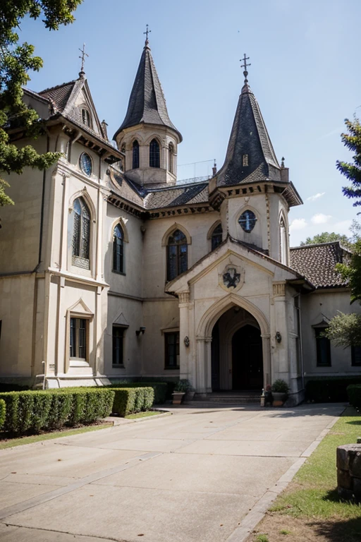 Crie uma imagem de uma igreja grande realista muito bonita e detalhada parece um castelo visto de cima mostrando a frente