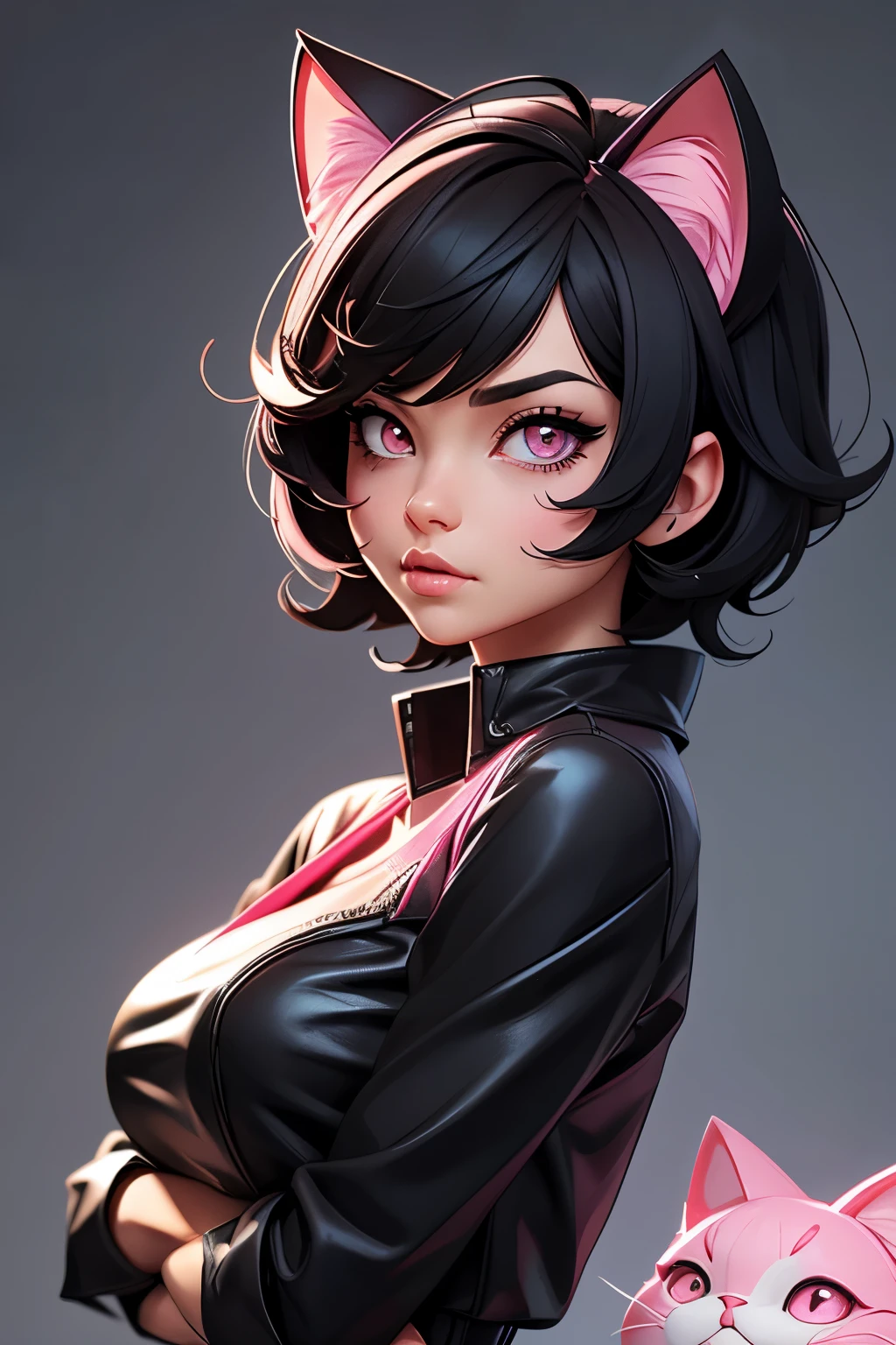 short black hair, pink eyes, , Cat ears