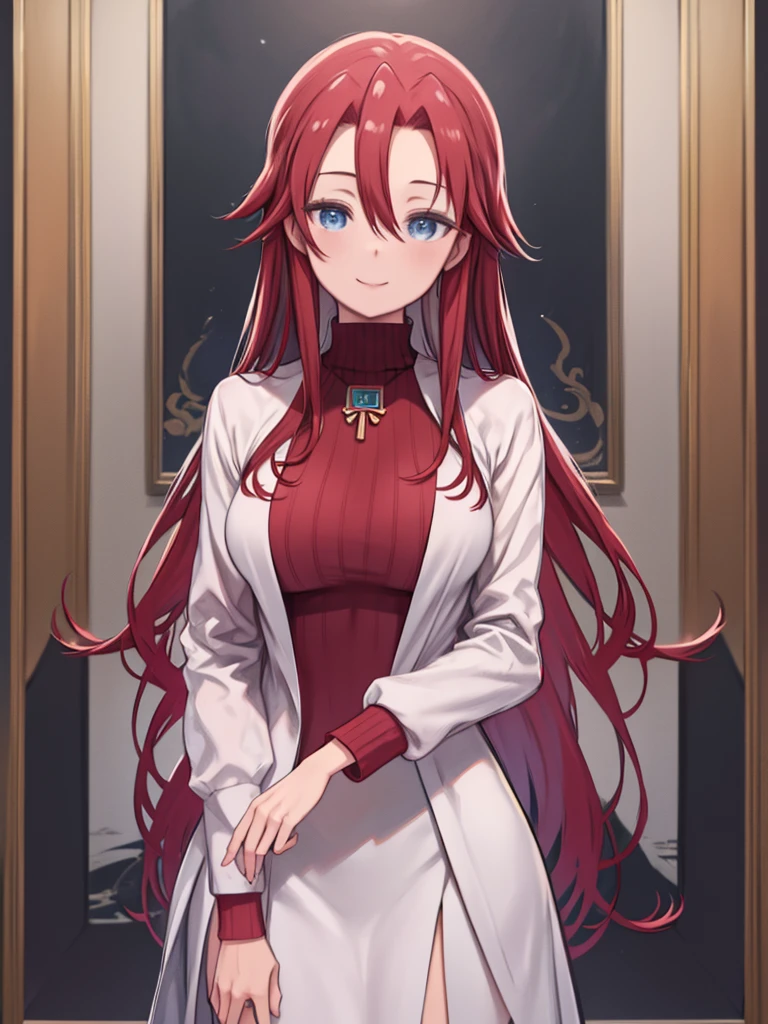 masterpiece、highest quality、High resolution、Very detailed、Close-up、Medium wide shot、Mature Woman、(aty, long hair, blue eyes, red hair、Hair between the eyes)、 Red turtleneck sweater、Big Breasts、Smiling、Clothes that show off your body lines、Sexy pose、Watching the audience、Sleepy eyes、Painting model、