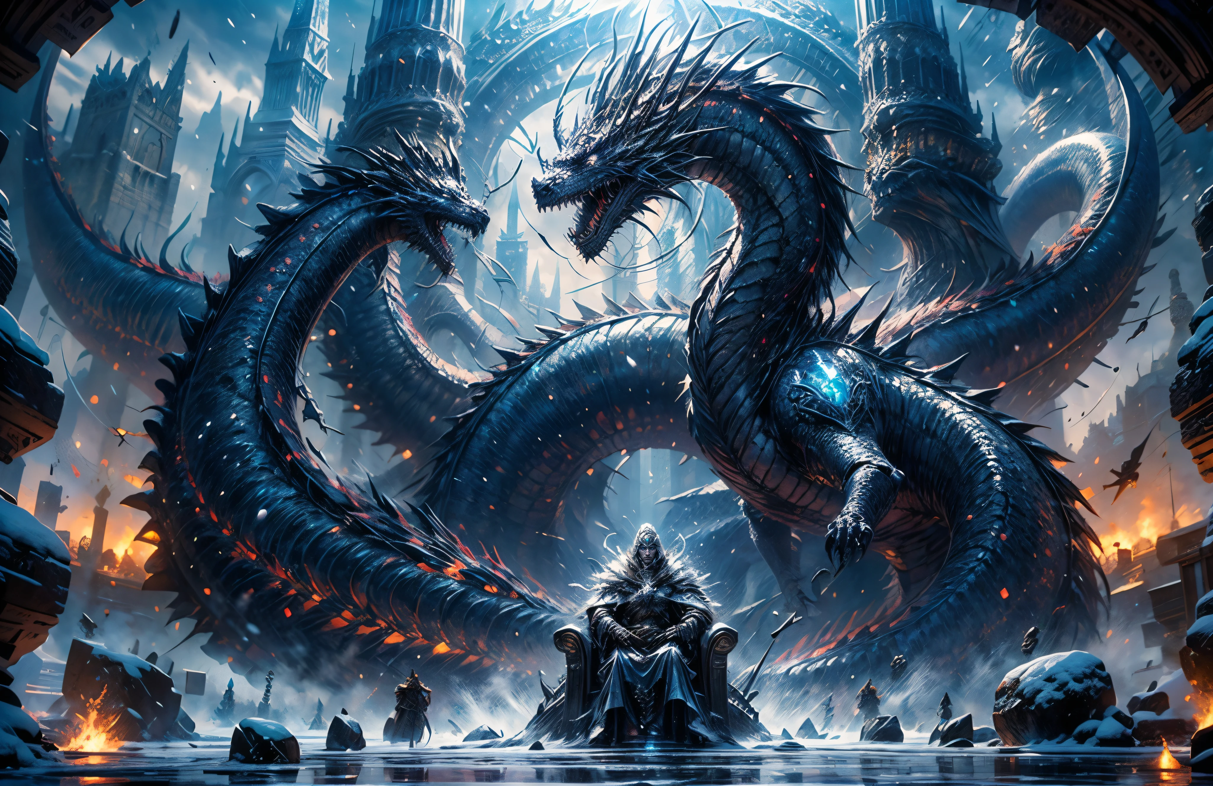 (best quality,4k,high resolution,masterpiece:1.2),wide shot, Ice throne,knight in the ancient armour sitting on the ice throne,armour with runes on it,lich king,blue mist floating in the air,eyes shining blue,the huge glorious bone dragon on the background,skeleton dragon,behind the throne,winter,arctic,polar,fantasy,World of Warcraft