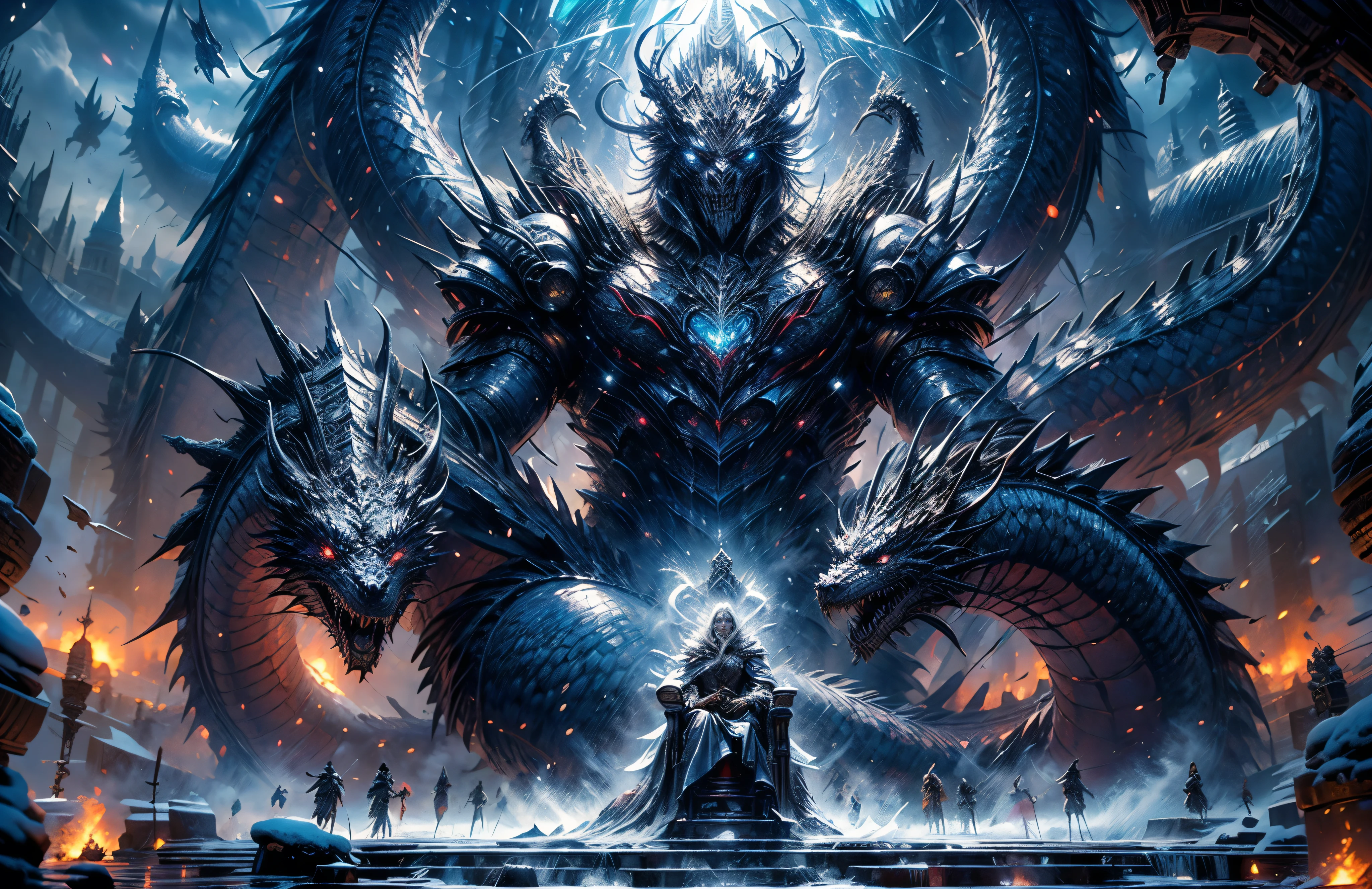(best quality,4k,high resolution,masterpiece:1.2),wide shot, Ice throne,knight in the ancient armour sitting on the ice throne,armour with runes on it,lich king,blue mist floating in the air,eyes shining blue,the huge glorious bone dragon on the background,skeleton dragon,behind the throne,winter,arctic,polar,fantasy,World of Warcraft