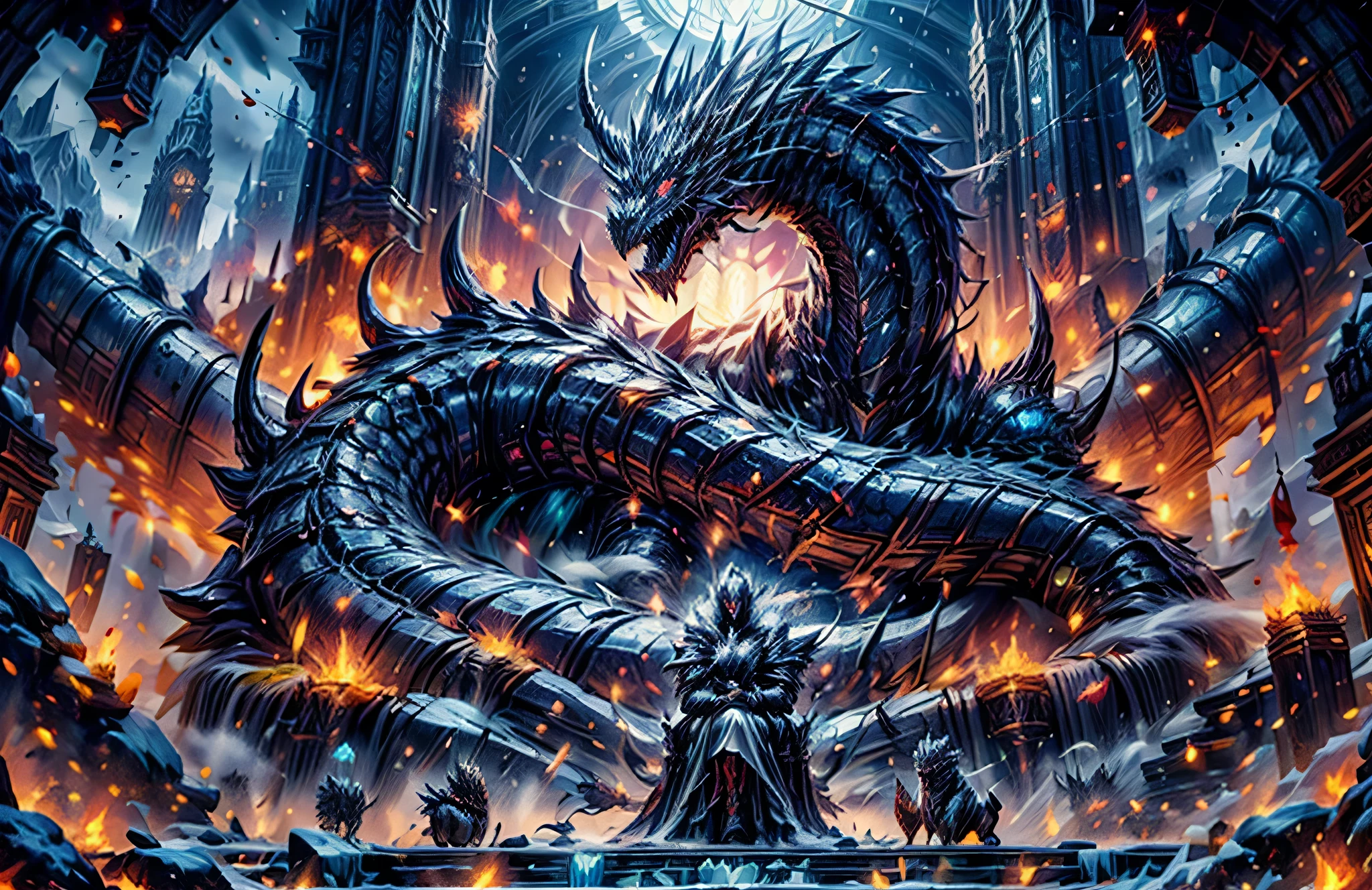 (best quality,4k,high resolution,masterpiece:1.2),wide shot, Ice throne,knight in the ancient armour sitting on the ice throne,armour with runes on it,lich king,blue mist floating in the air,eyes shining blue,the huge glorious bone dragon on the background,skeleton dragon,behind the throne,winter,arctic,polar,fantasy,World of Warcraft