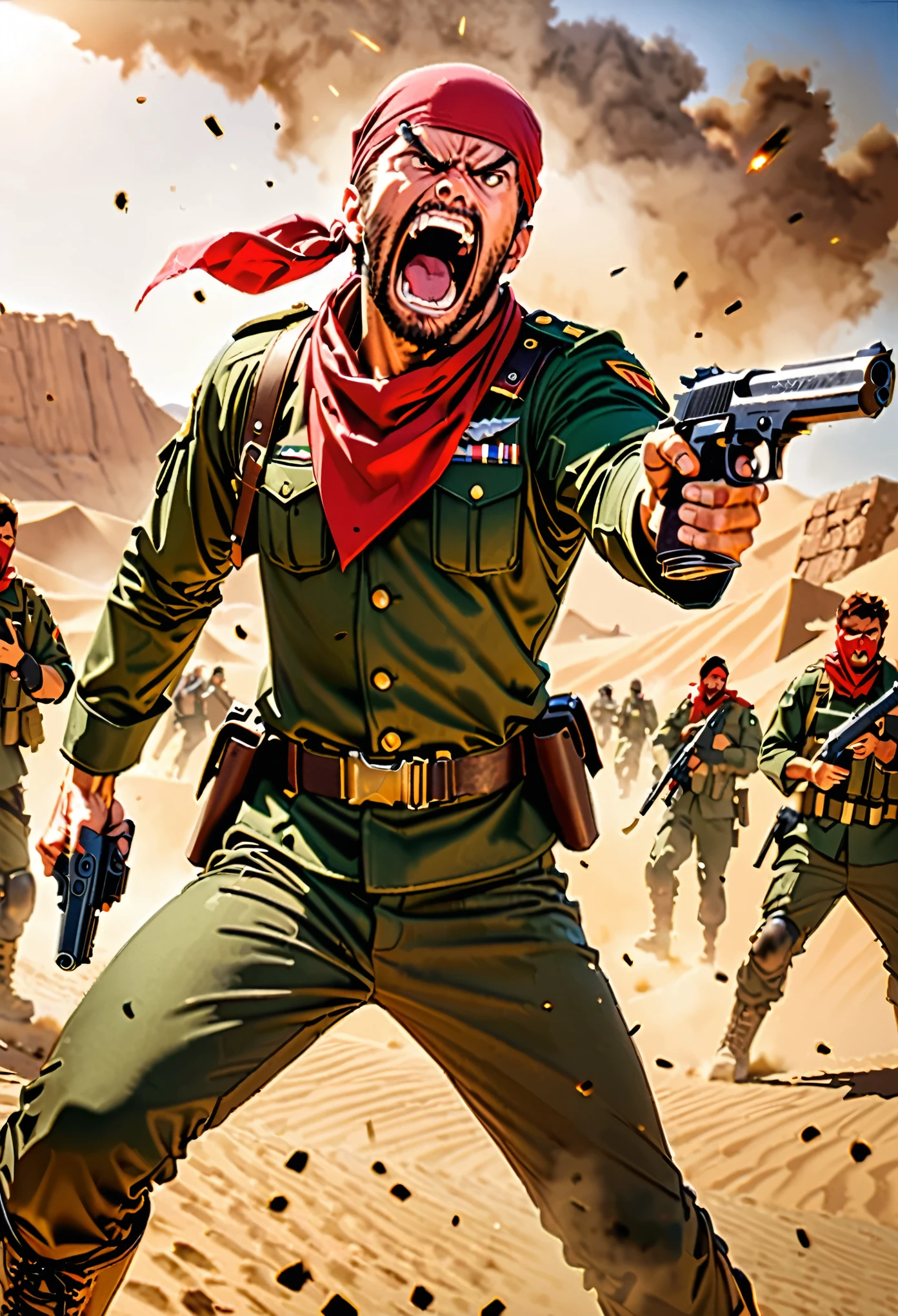 masterpiece, best quality, 1man, male focus, solo, solo focus, mercenary, brown hair, hazel eyes, facial hair, bullet belt, green uniform, combat boots, (red bandana, bandana), (using pistol, desert eagle pistol) (angry, screaming, open mouth), war zone