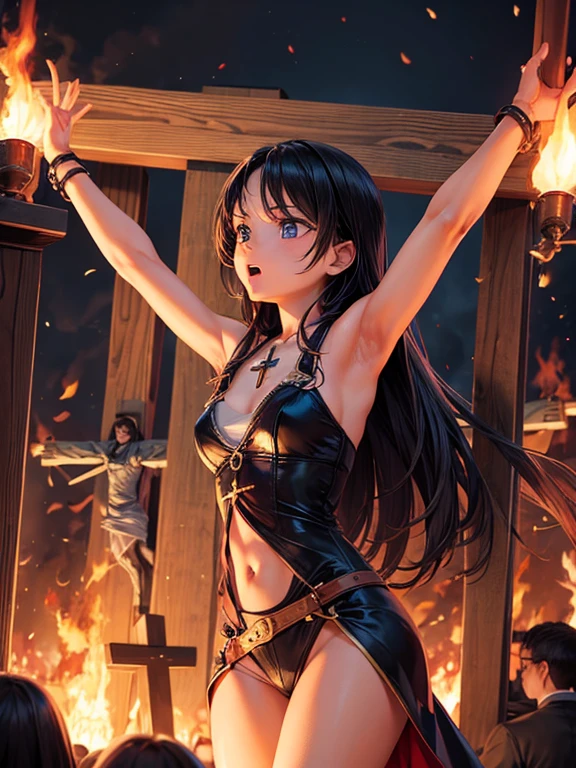 1 girl, realisitic, Raw photo, japanaese girl, (fullnude:1.9), (Beautiful and cute face:1.4), 18year old, bobhair, Black hair、Destroyed ruined city、(Crucifixion to a burning cross engulfed in flames:1.8), (Tied to a cross with barbed wire:1.5), not any dressed