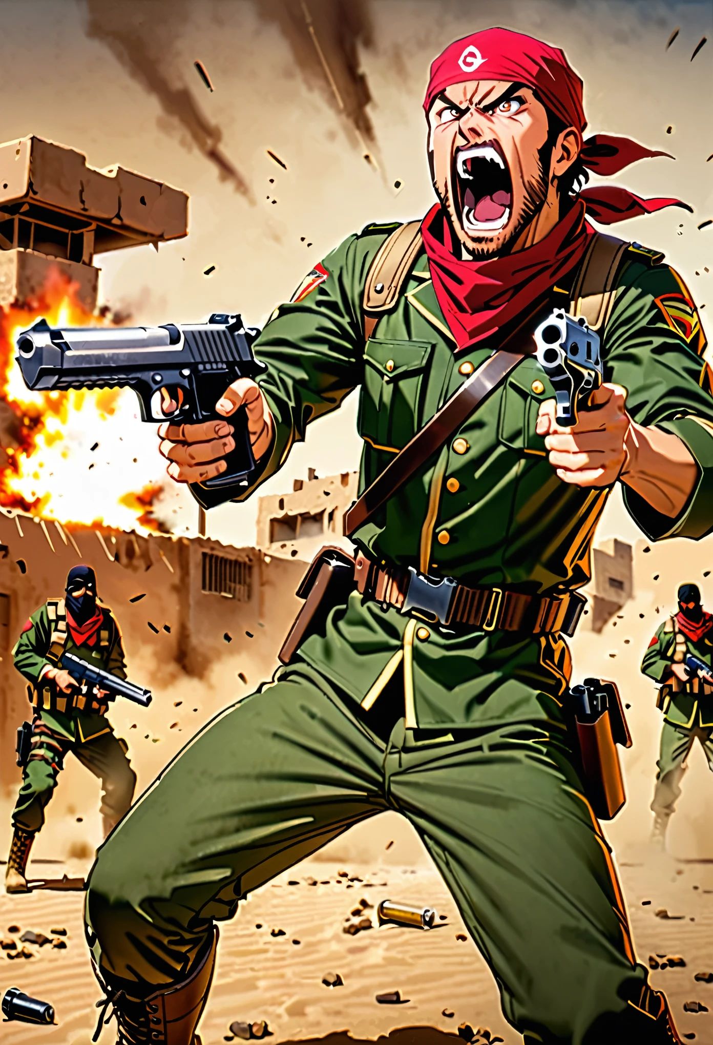 masterpiece, best quality, 1man, male focus, solo, solo focus, mercenary, brown hair, hazel eyes, facial hair, bullet belt, green uniform, combat boots, (red bandana, bandana), (using pistol, desert eagle pistol) (angry, screaming, open mouth), war zone