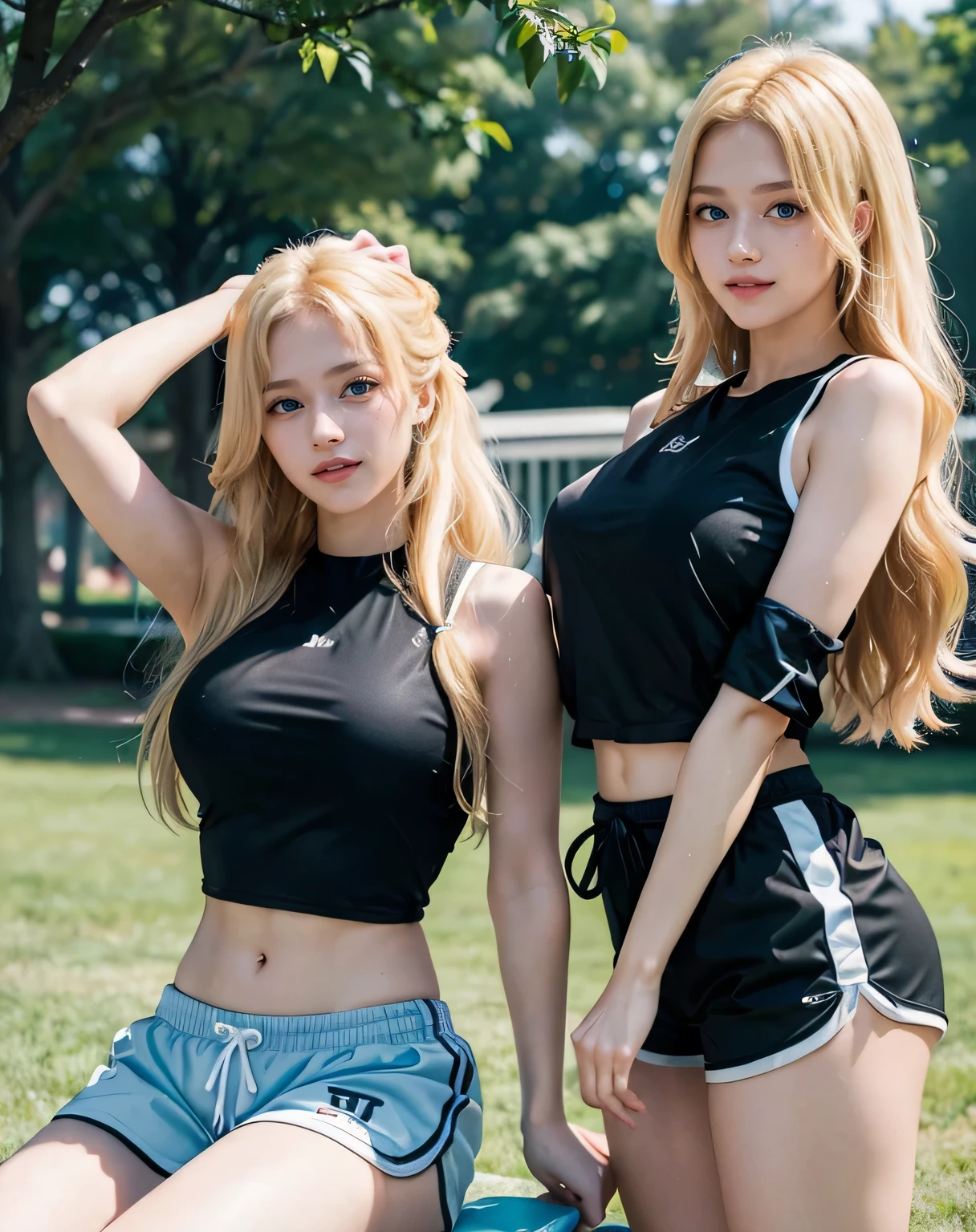 2girl, twins, (Blue Eyes), (smiling :1.2), (Sana Minatozaki), wide hips, Big tits, big ass, (thin waist), (thick and toned thighs), (Best Quality, 8k, Masterpiece: 1.3), Clear Focus: 1.2, Perfect Body Beauty: 1.4, strong abs, Highly detailed face and skin texture, detailed eyes, double eyelids, (blonde long hair :1.2), (black sports top :1.2), (white sports shorts :1.2), (with his twin sister :1.4), (playing with his twin sister :1.3), in a park whit flowers in the background