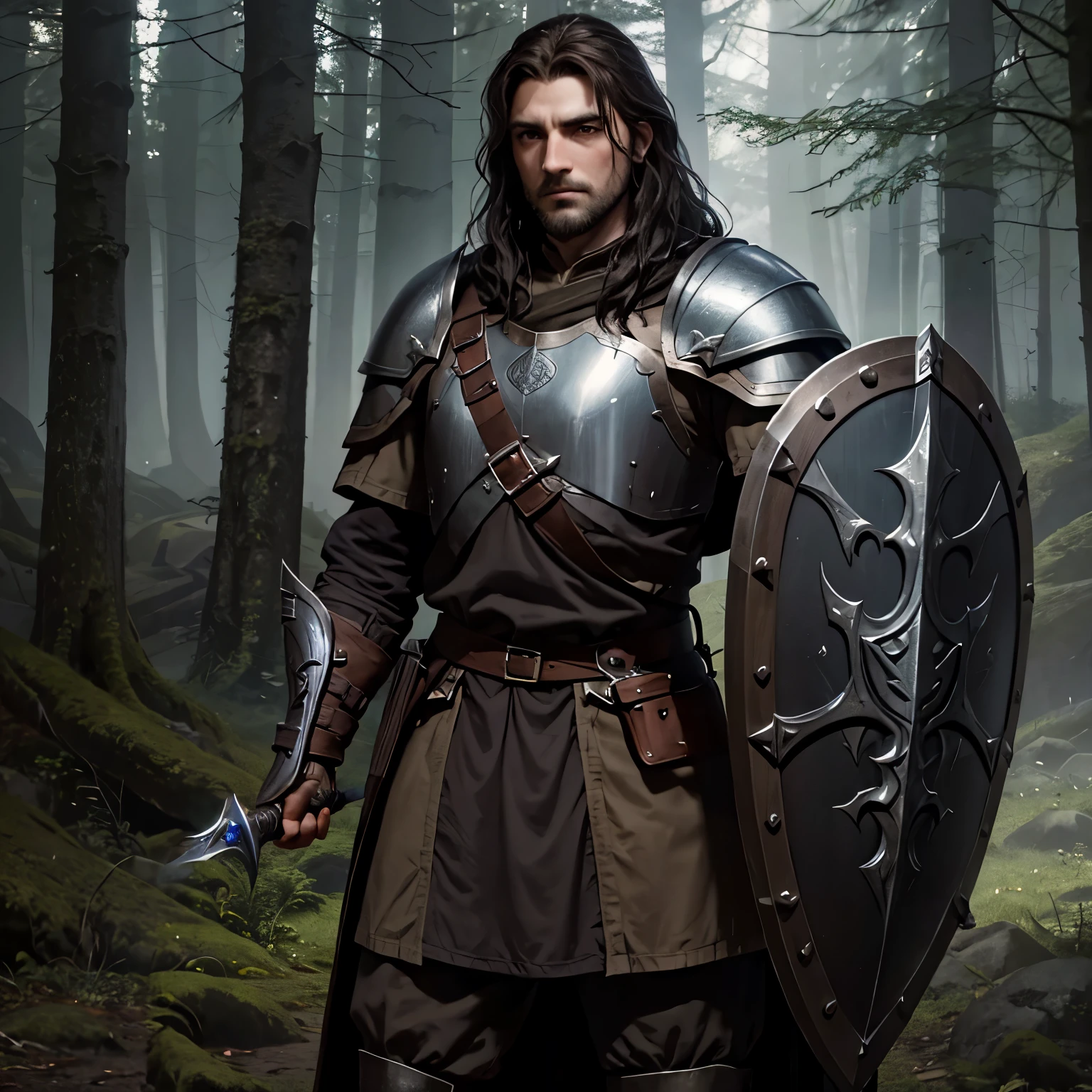 Soldier with shoulder length dark brown hair, brown stubble, wearing plate armor, a sword in his right hand and a shield in his left hand, standing in a fantasy forest, wearing a cloak, gritty, realistic, Tolkien, lord of the rings 