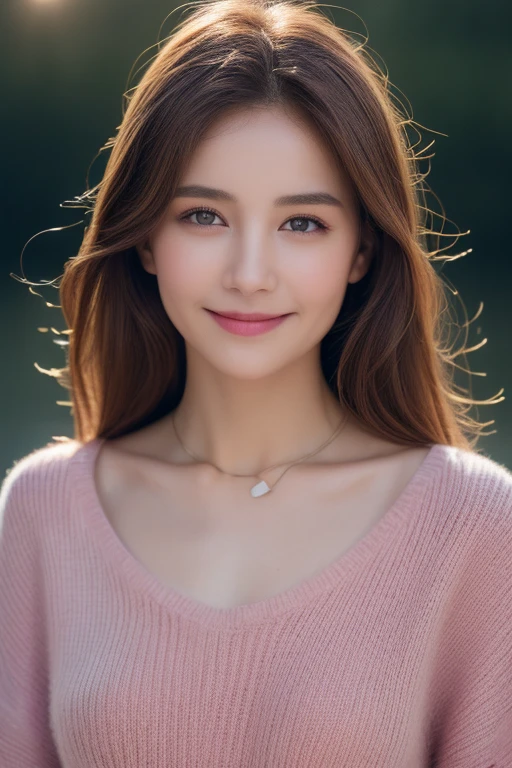 ((Night, Realistic Light, Best Quality, 8K, Masterpiece: 1.3)), 1girl, Slim Beauty: 1.4, Abs: 1.1, (Brown hair, Medium breasts: 1.3), Long pink sweater: 1.1, Bathroom, Super fine face, Delicate eyes, Double eyelids, smile, necklace