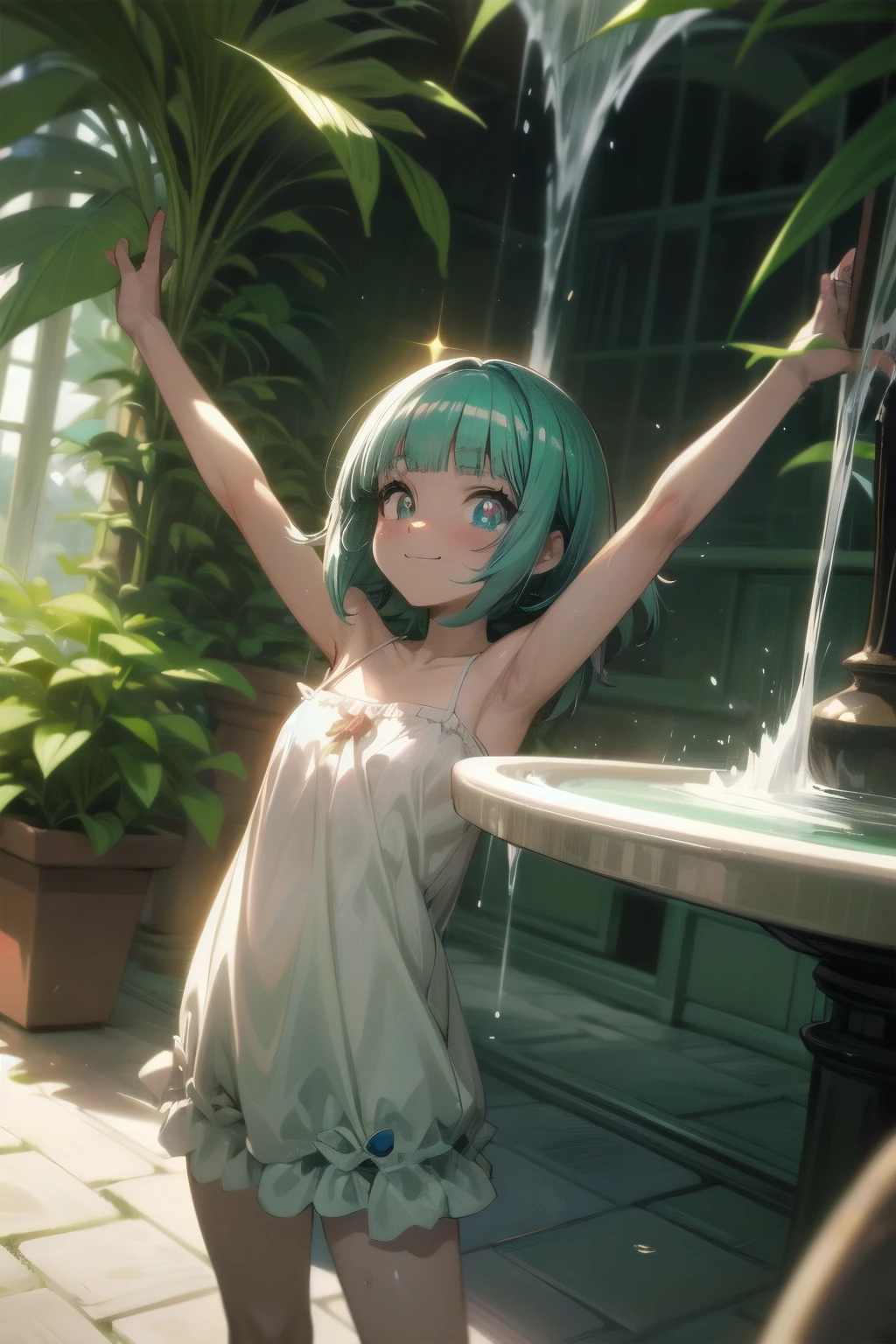 ((Masterpiece)), ((best quality)), (Anime:1.3), palace giant greenhouse, gardens, fountains, tropical plants, cute age girl, (textured skin), smile, beautiful camisole, ultra-detailed, (loose blunt bangs), (spread arms out), Massively bandaged arms, kawaii, cute colors,cute,❤️🖤💗💔, 8K, (unusual pupils), (magic eyes), (sparkling eyes),