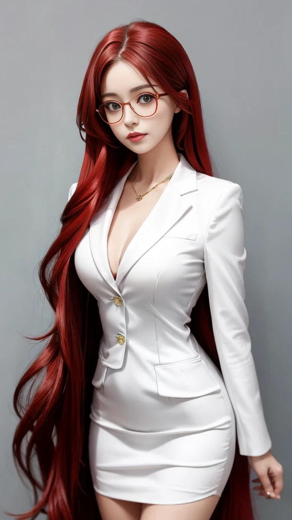 1 beautiful woman((25s, milf, red (long hair))wearing white blazer dress and glasses