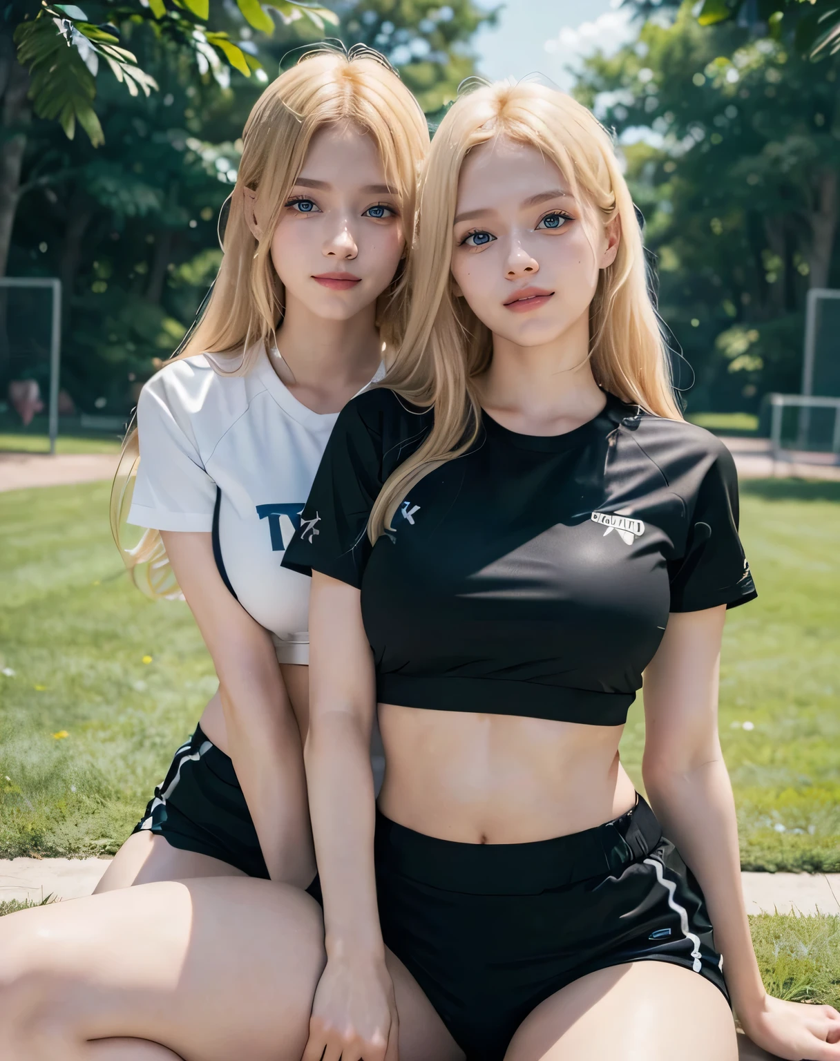 2girl, twins, (Blue Eyes), (smiling :1.2), (Sana Minatozaki), wide hips, Big tits, big ass, (thin waist), (thick and toned thighs), (Best Quality, 8k, Masterpiece: 1.3), Clear Focus: 1.2, Perfect Body Beauty: 1.4, strong abs, Highly detailed face and skin texture, detailed eyes, double eyelids, (blonde long hair :1.2), (black sports top :1.2), (white sports shorts :1.2), (with his twin sister :1.4), (playing with his twin sister :1.3), in a park whit flowers in the background
