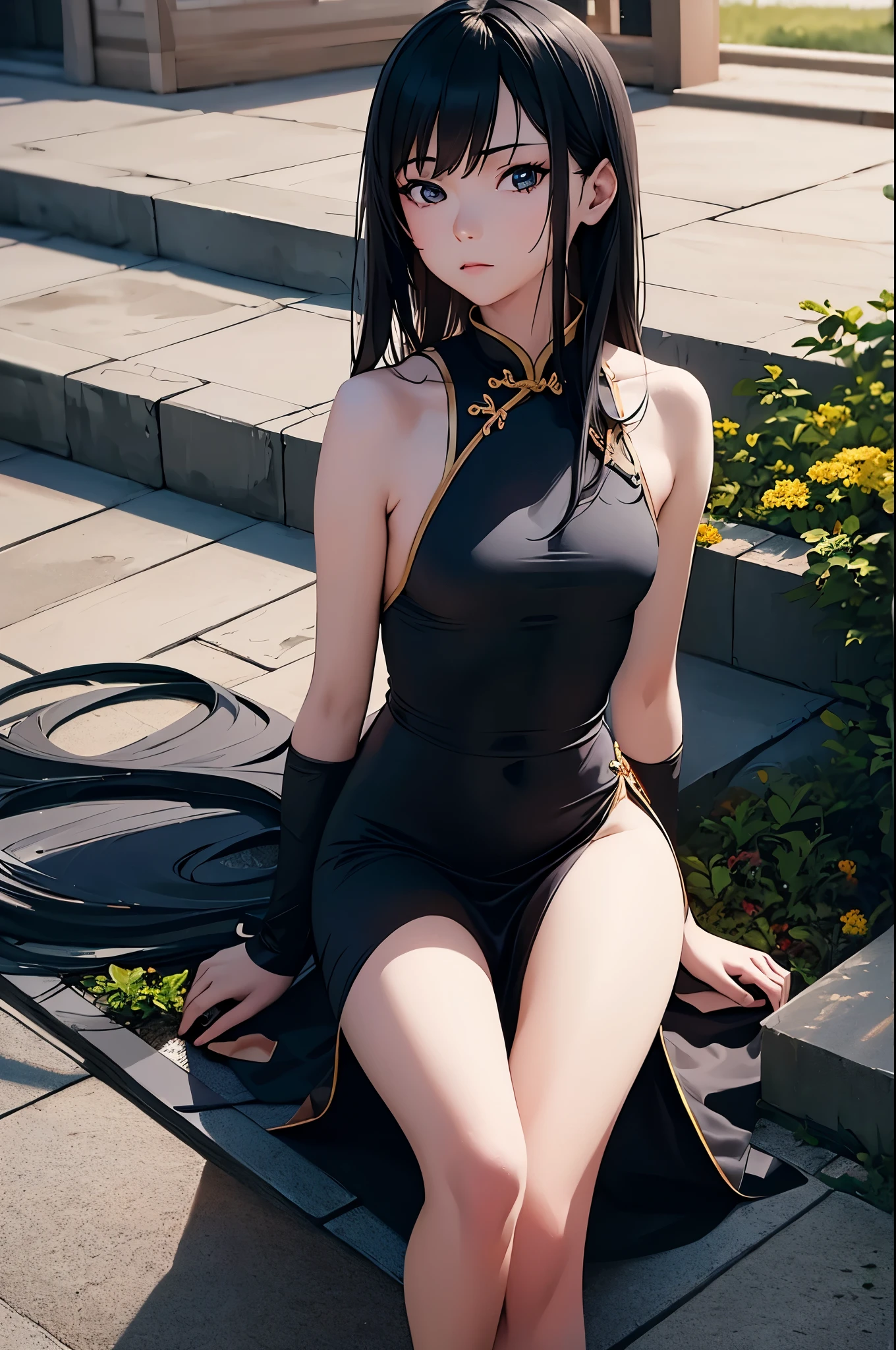 a sexy woman, (best quality), (masterpiece), (1girl), slim, anime, (flat chested), (chinese dress), (sitting), (protrait), ( legs)
