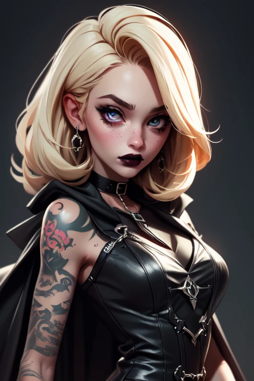 (Best Quality, 8k, Masterpiece, UHD), (Photo of Attractive Caucasian Gothic model Woman with tattoos), solo 1Girl as platinum blonde, heavy makeup ,  cape, choker,very pale skin,Ultra Detailed Face, Detailed Lips, Fine Eyes, black lipstick, Fine Eyes