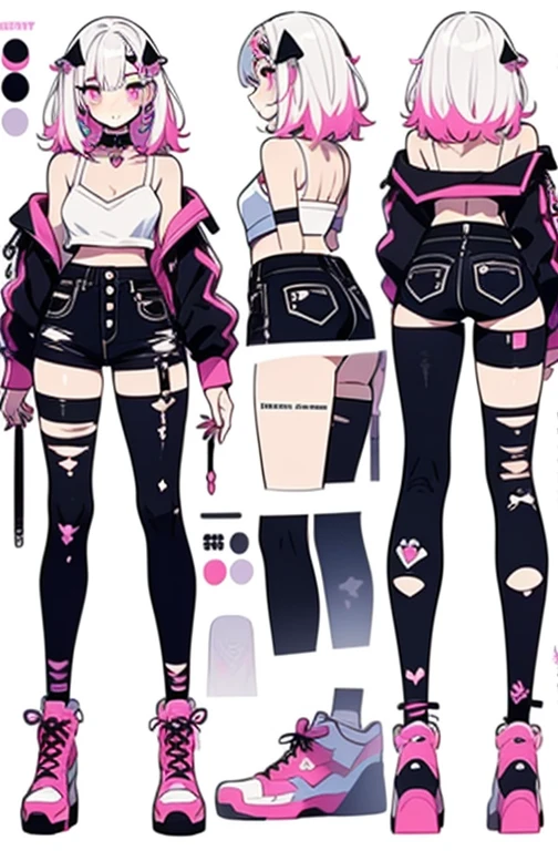anime, refsheet, girl, anime styled, character design, 2d, decor, stitches, 1 young girl, character sheet, concept art, full body, (masterpiece:1.2), (best quality:1.3), standing, (masterpiece, best quality) detailed, girl, drawing reference, reference, lineart, sketch, female, wide hips, big , goth, spooky, cute, kawaii, cat girl, galaxy, pale skin, white, black, purple, blue, pink, choker, thigh highs, attractive, glow, boots, artist, paint (character design sheet, same character, front, side, back)