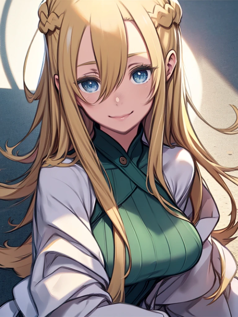 masterpiece、highest quality、High resolution、Very detailed、Close-up、Medium wide shot、Mature Woman、(mint, blue eyes, braid, Hair between the eyes、Long blonde)、 Green turtleneck sweater、Big Breasts、Smiling、Clothes that show off your body lines、Clothes that fit the body、Sexy posture