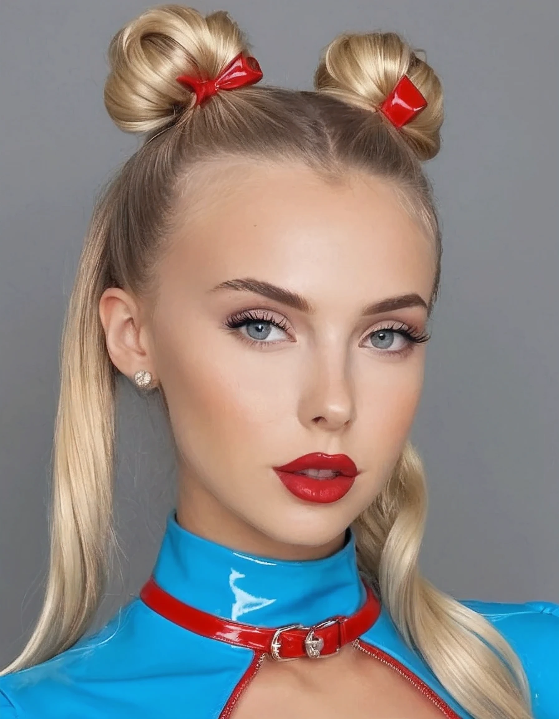 Gorgeous young girl,blondes Haar,Space Buns,rosa Latexbluse, Latex blouse buttoned up, Latex Bluse detailliert,shiny light blue latex skirt,shiny pink latex stockings,Red Shiny Lacquer PVC Shoes,Perfektes Gesicht,Detaillierte Augen,Detaillierte Lippen,lange Wimpern,vollbusig,niedlich,portrait,hight resolution,realistisch,Studiobeleuchtung,Lebendige Farben