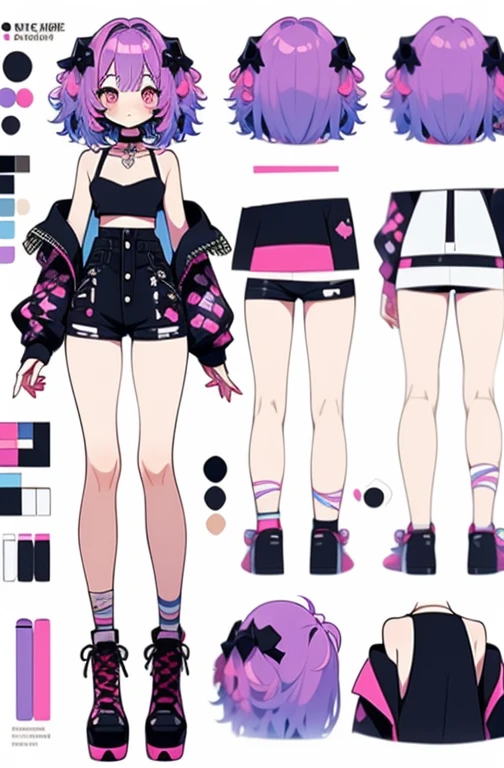 anime, refsheet, girl, anime styled, character design, 2d, decor, stitches, 1 young girl, character sheet, concept art, full body, (masterpiece:1.2), (best quality:1.3), standing, (masterpiece, best quality) detailed, girl, drawing reference, reference, lineart, sketch, female, wide hips, big , goth, spooky, cute, kawaii, cat girl, galaxy, pale skin, white, black, purple, blue, pink, choker, thigh highs, attractive, glow, boots, artist, paint (character design sheet, same character, front, side,  back)