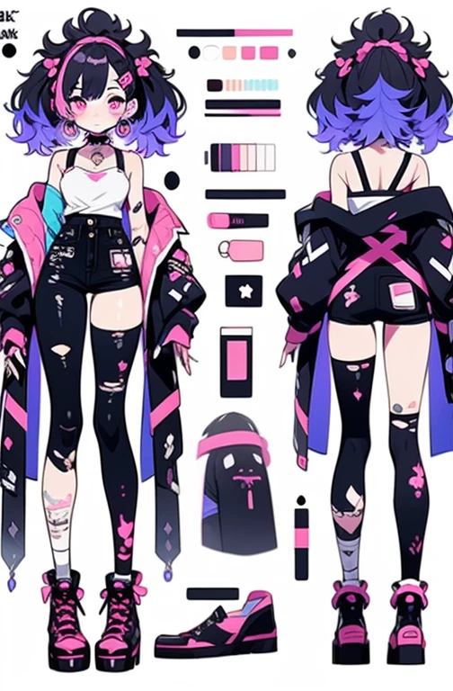 anime, refsheet, girl, anime styled, character design, 2d, decor, stitches, 1 young girl, character sheet, concept art, full body, (masterpiece:1.2), (best quality:1.3), standing, (masterpiece, best quality) detailed, girl, drawing reference, reference, lineart, sketch, female, wide hips, big , goth, spooky, cute, kawaii, cat girl, galaxy, pale skin, white, black, purple, blue, pink, choker, thigh highs, attractive, glow, boots, artist, paint (character design sheet, same character, front, side, back)