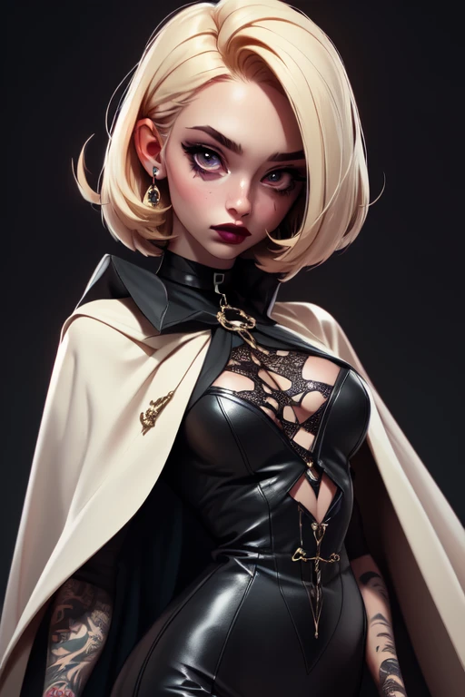 (Best Quality, 8k, Masterpiece, UHD), (Photo of Attractive Caucasian Gothic model Woman with tattoos), solo 1Girl as short hair platinum blonde, heavy makeup , cape, choker,very pale skin,Ultra Detailed Face, Detailed Lips, Fine Eyes, black lipstick, Fine Eyes