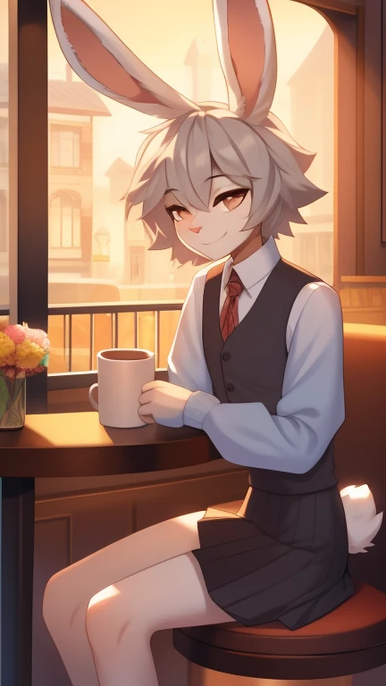Best quality, super detailed illustration, warm colors, Ideal lighting, (Fluffy bunny boy:1.4), gray fur ,feminine face and body, disheveled thick gray hair, skirt, Long-sleeved sweater, vest, sitting in a cafe by the window, smug smile, half-closed eyes , Femboy, slim, perfect body, DND style