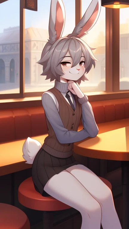 Best quality, super detailed illustration, warm colors, Ideal lighting, (Fluffy bunny boy:1.4), gray fur ,feminine face and body, disheveled thick gray hair, skirt, Long-sleeved sweater, vest, sitting in a cafe by the window, smug smile, half-closed eyes , Femboy, slim, perfect body, DND style