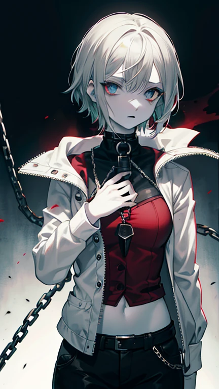 blood, violence, gore, killer, blood on face, staring coldly, green coloured eyes, short hair, nsfw masterpiece, best quality)), (1girl, anime boy in dark prison),(little girl, prisoner, chained), (solo), (male focus), (grey hair), ((pale skin)), pale skin, evil, vicious, yandere, portraits, close up, upper body, vibrant colors, soft lighting