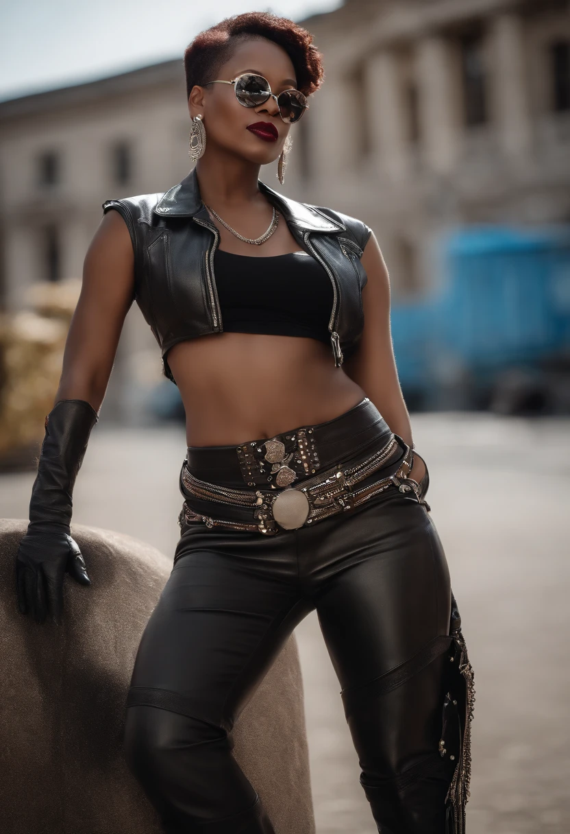 45 year old black woman, mighty look, looks majestically into the distance, shameless smile, skin shines brightly, very short rainbow hair , mirrored sunglasses sparkling from the sun&#39;s rays,  tattoo on the neck, Leather collar with spikes, delicate leather jacket with shiny folds and metal embellishments, belt with chains on the waist , majestic upright pose with hands on hips ,leather gloves,  strong legs, jacketing, leather pants, high goth boots 