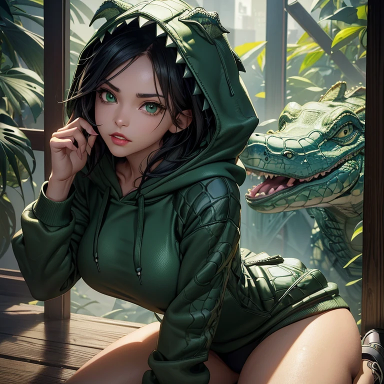 a girl, alone, (large alligator hoodie: 1.4), (black shot: 1.25), (thighs), (sneakers: 1.22), detailed, (closes: 1.1), (masterpiece: 1.2) , (8K, best quality: 1.2), 8K wallpaper, HDR, elaborate features, octane rendering, (medium-messy hair, shiny black hair: 1.2), (beautiful green eyes and details: 1.3), ( intricate details), (red lips, teeth: 1,2), (beautiful face with perfect symmetry), (medium and natural breasts), (contoured skin shape, correct texture, high details), (realistic natural skin, glowing skin : 1, 2), cinematic lighting, (vivid colors, perfect color tone, realistic), (high resolution:1.2), (ultra-detailed), Depth of field.