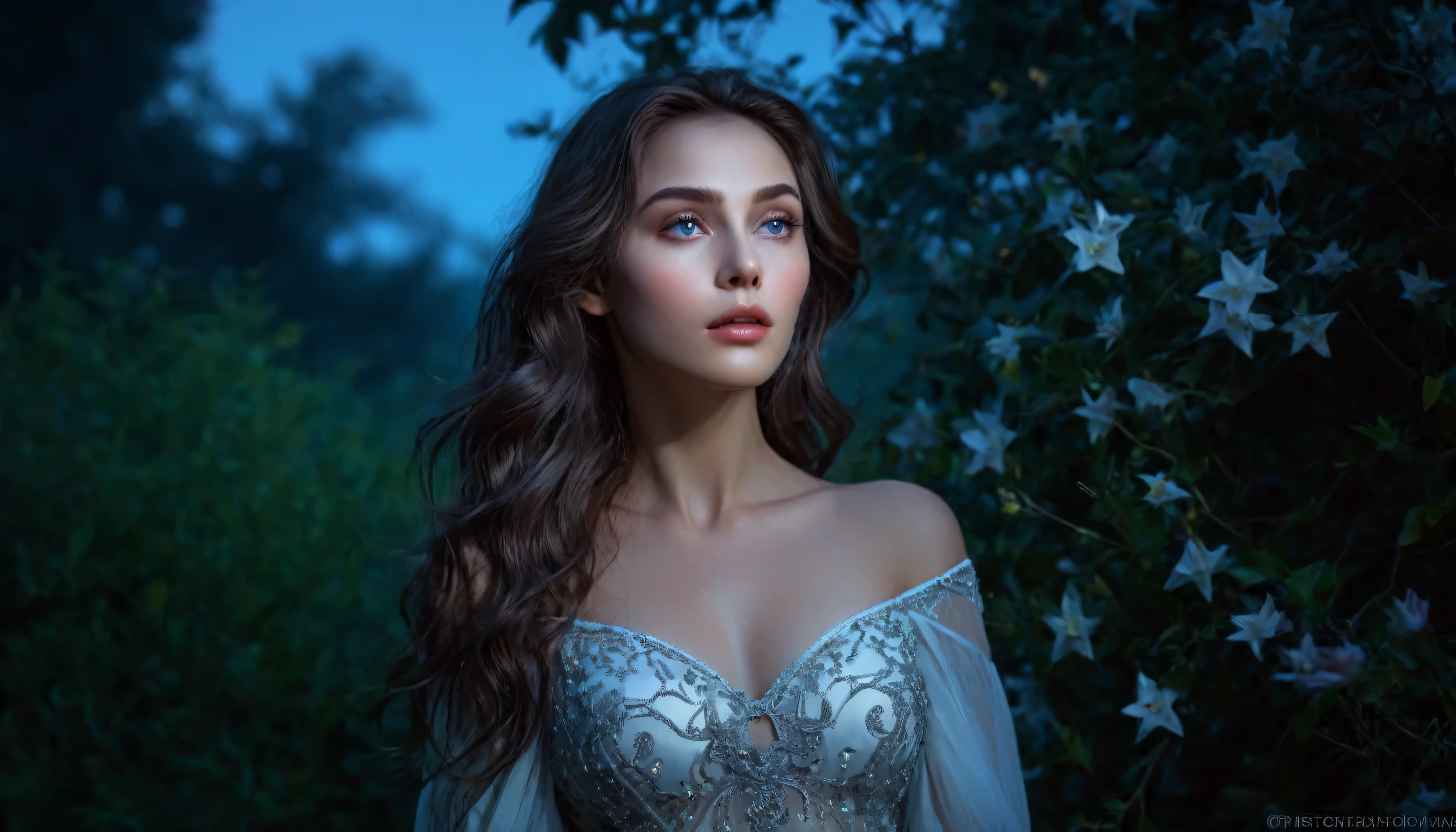 best quality,4k,8k,highres,masterpiece:1.2,ultra-detailed,(realistic,photorealistic,photo-realistic:1.37),dark,night,nature,mysterious light,mysterious glow,surreal,ethereal,female figure,intriguing eyes,detailed lips,flowing hair,star-filled sky,moonlight,lonely moonlit garden,quiet atmosphere,enchanted scene,mystical enchantment,soft shadows,subtle lighting,magical aura,serene beauty,pensive expression,feminine grace,curiosity,whispering wind,soft breeze,hidden secrets,embrace of darkness,unforgettable moment,deep emotions,solitude,pure tranquility
