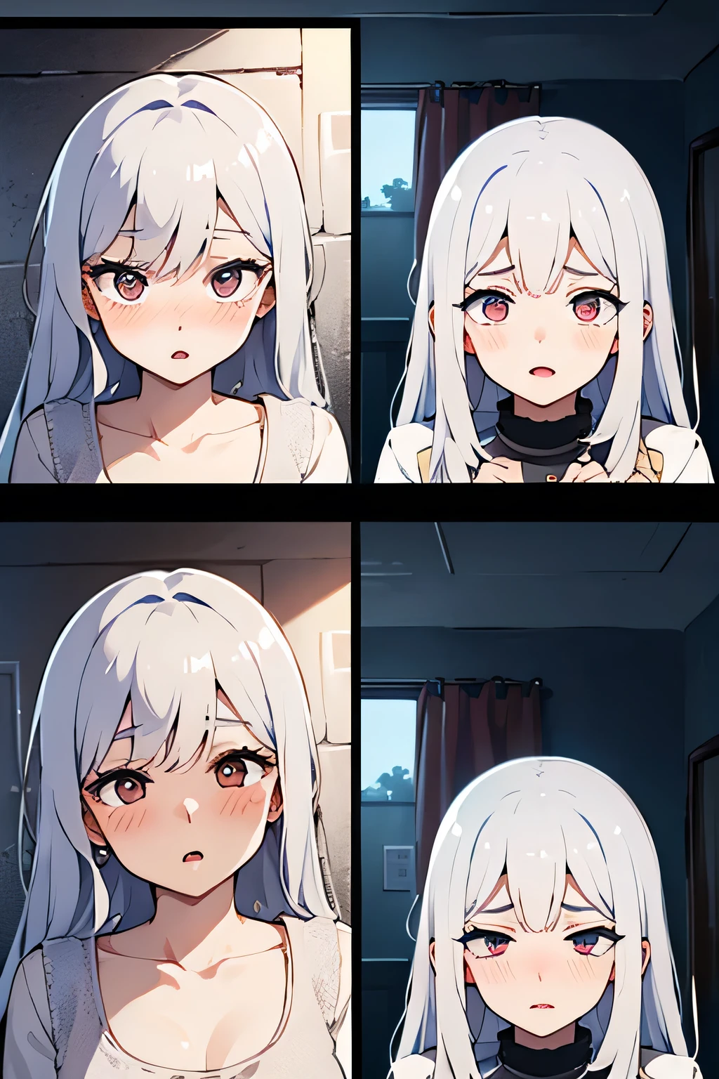 The scene is，A 20-year-old.White hair girl in dark basement room，The expression is frightened，beauty，Delicate face，White skin，long hair，Long eyelashes，blush blush，Eyeliner，Red lips，，，，Subjective perspective