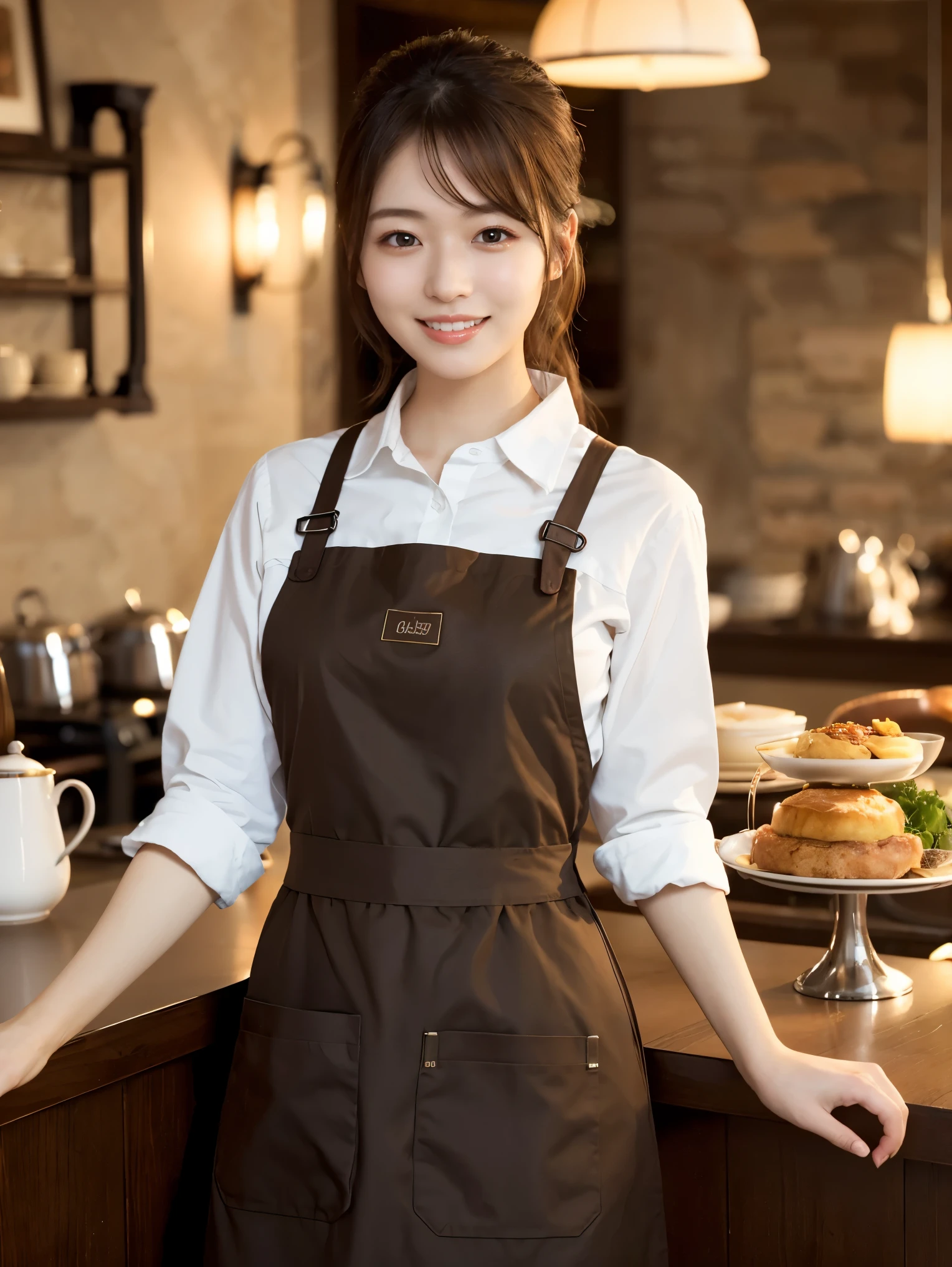 (highest quality、Tabletop、8k、Best image quality、Award-winning works)、Woman working in a café、(The perfect brown apron:1.2)、(Standing elegantly in a cafe:1.1)、(A classy shirt and apron:1.1)、(Big Breasts:1.1)、(Accentuate your body lines:1.1)、Beautiful woman portrait、The most elegant and cozy cafe、The most natural cafe, Perfectly organized、(The moodiest warm lighting:1.1)、(The most romantic atmosphere:1.1)、Stylish and elegant cafe、Strongly blurred background、Look at me and smile、(Accurate anatomy:1.2)、Ultra high resolution perfect beautiful teeth、Ultra-high definition beauty face、Ultra HD Hair、Ultra HD The Shining Eyes、The Shining, Super high quality beautiful skin、Super high quality glossy lip